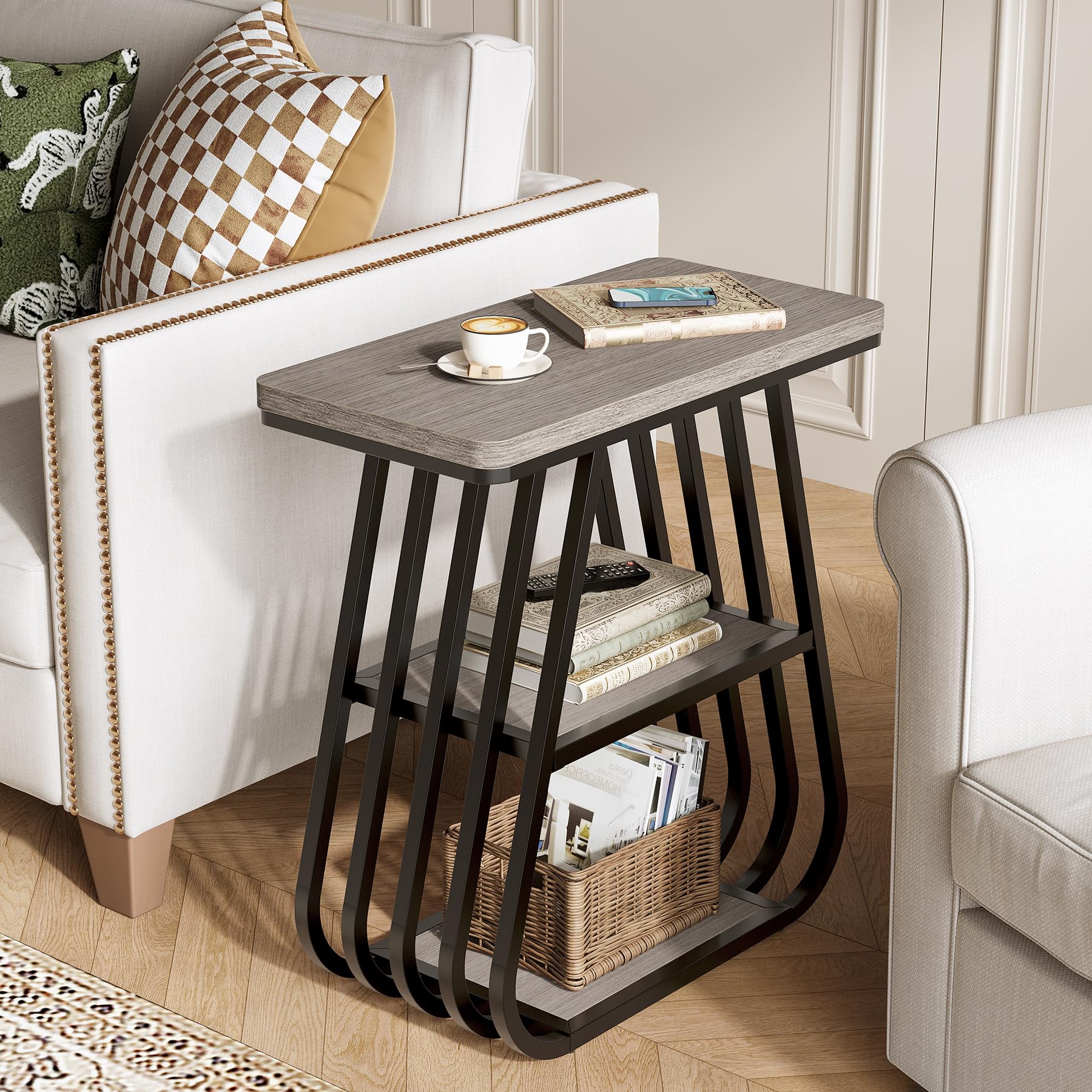 LITTLE TREE End Table for Living Room, 3-Tier Side Table for Small Spaces, Industrial Narrow Side Table with Storage Shelf in Oak Brown and Black (Set of 2)