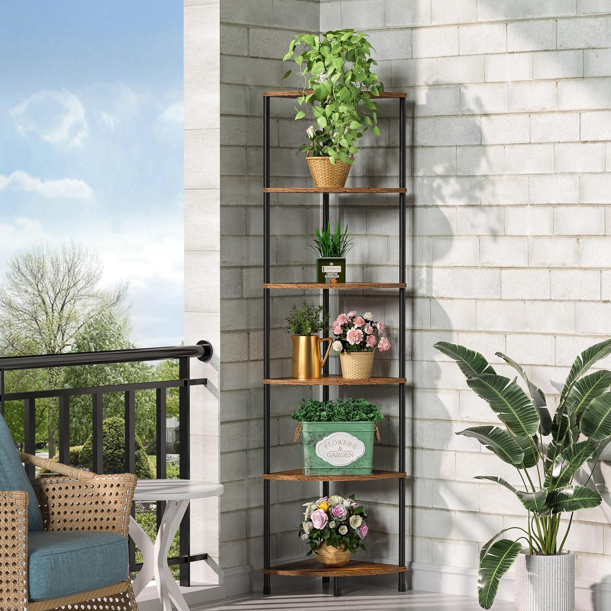 Corner Plant Stand Shelf, 5 Tier Tall Shelf Plant Stand for Indoor Plants, Rustic Brown Corner Bookshelf Wall Decor Living Room, 44.1" Display Shelf for Bedroom, Bathroom, Small Space