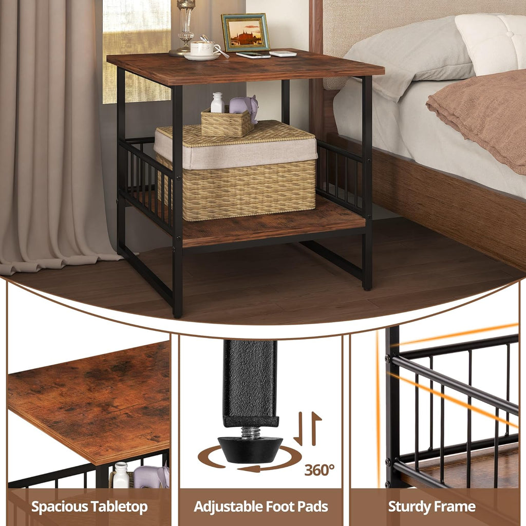 EazeHome End Table 24" for Living Room, Large Square Side Table with 2-Tier Storage, Rustic Brown Tall Industrial Night Stand for Bedroom, Rustic Brown