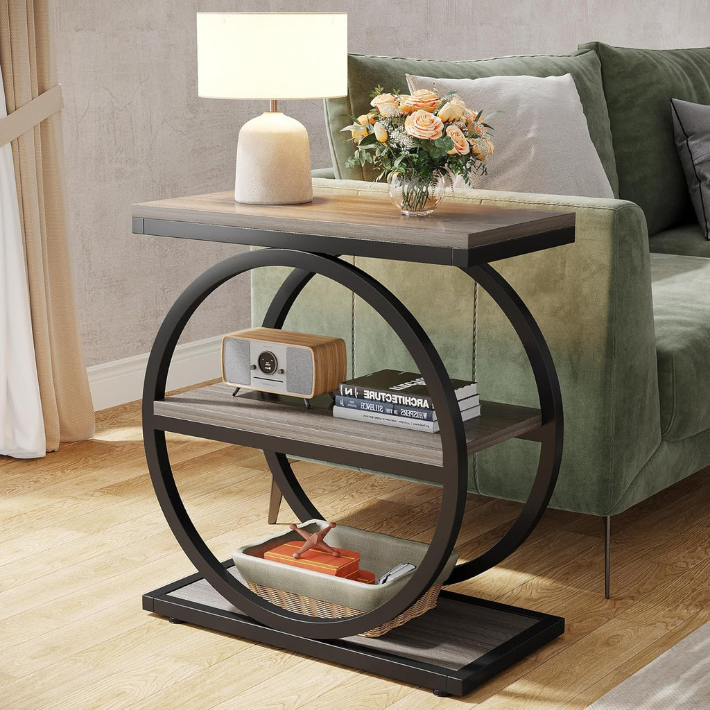 Tribesigns End Table, Narrow End Table with 3 Storage Shelves, Wood Side Table with Black Metal Frames, Industrial Small Sofa Side Table for Living Room, Grey Nightstand and Bedside Table for Bedroom