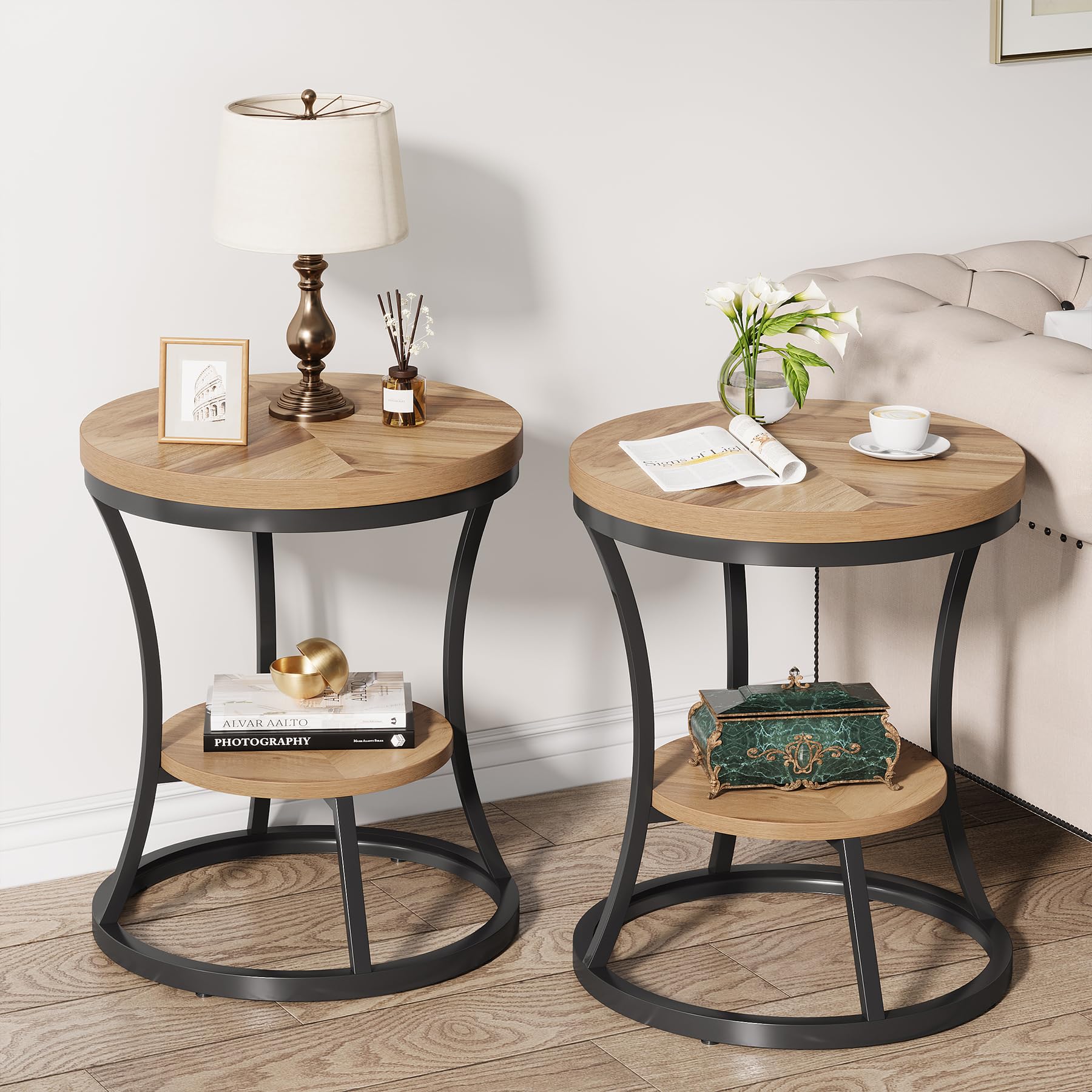 Round End Table, 2 Tier Industrial Side Table, Accent Bedside Table Nightstand with Metal Frame for Living Room, Bedroom, Small Spaces, Easy Assembly, Rustic Brown & Black