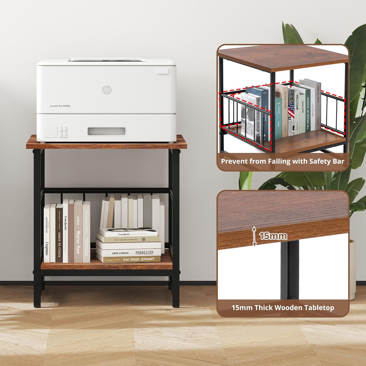 EazeHome Industrial Night Stand, 18” Square Side Table with Open Storage Shelf, Bedside End Table for Bedroom, Heavy Duty Stand for Mini Fridge for Dorm, Kitchen Room, Rustic Brown
