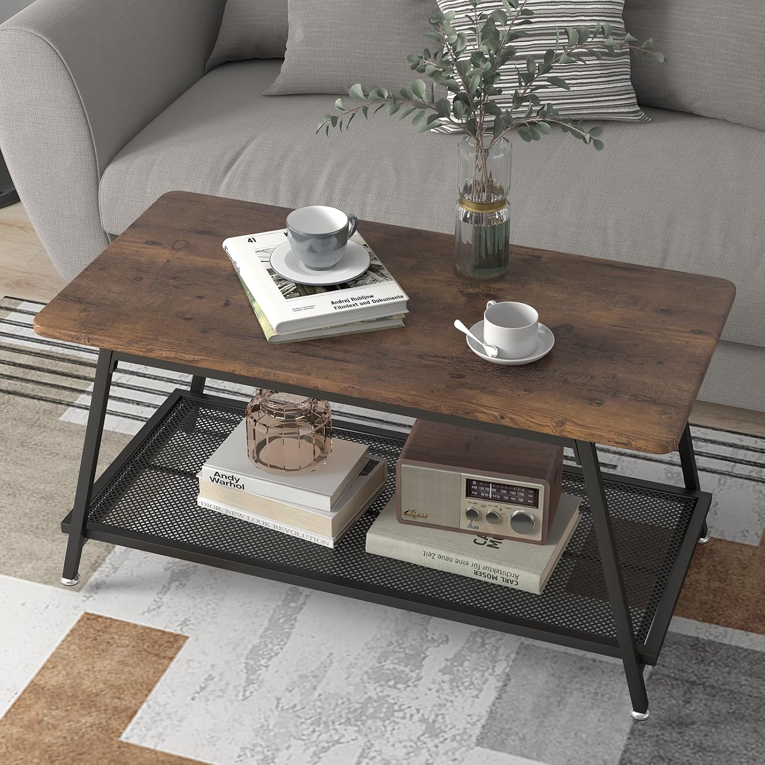 2-Tier Industrial Coffee Table, Wood Top & Metal Frame with Mesh Shelf