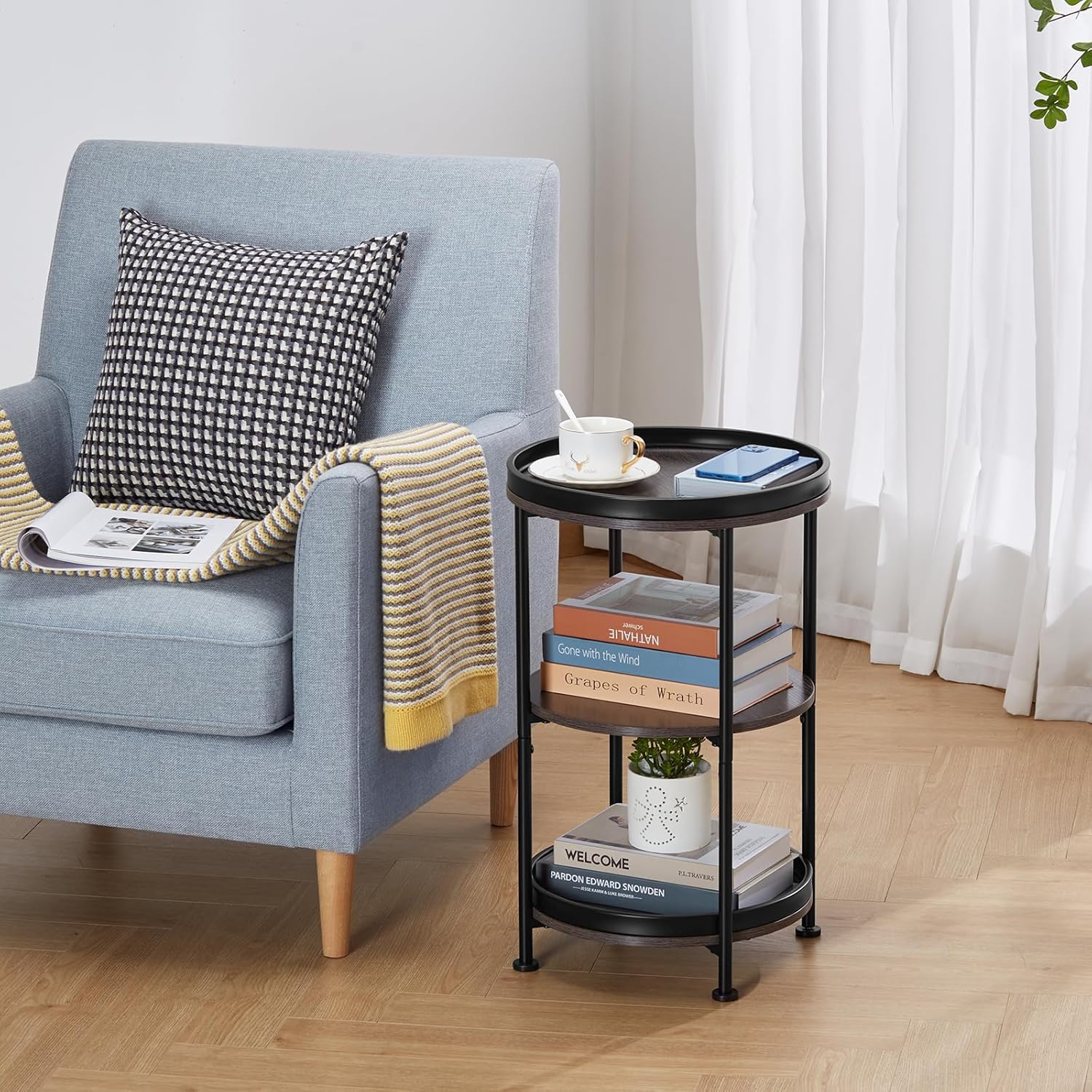 Dulcii Side Table, Round End Table with 3 Shelves for Living Room, Bedroom, Nightstand with Steel Frame for Small Spaces, Industrial Round Sofa Table, Outdoor Accent Coffee Table, Grey