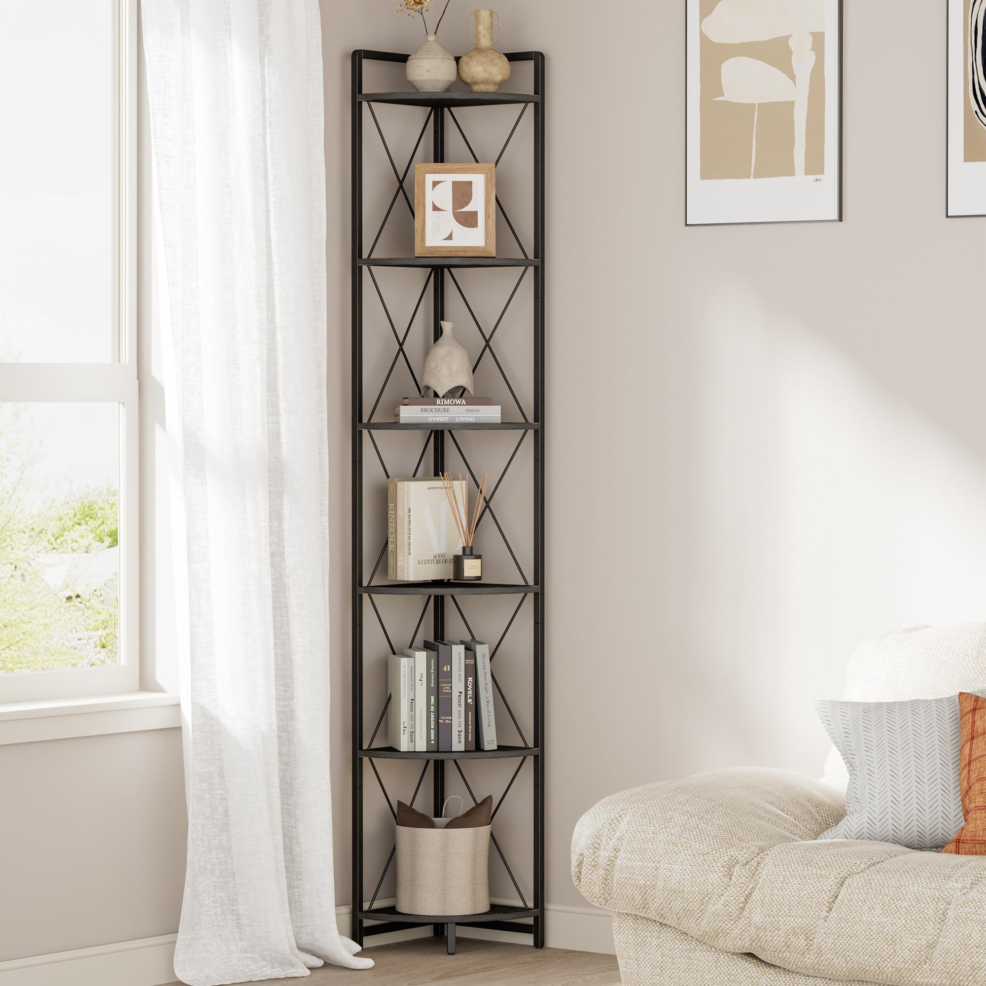 6 Tier Corner Shelf Stand, 78" H Tall Industrial Corner Bookshelf for Living Room Decor, Metal Corner Shelf, Plant Stand Display Shelf for Bedroom, Bathroom, Small Space, Rustic Brown