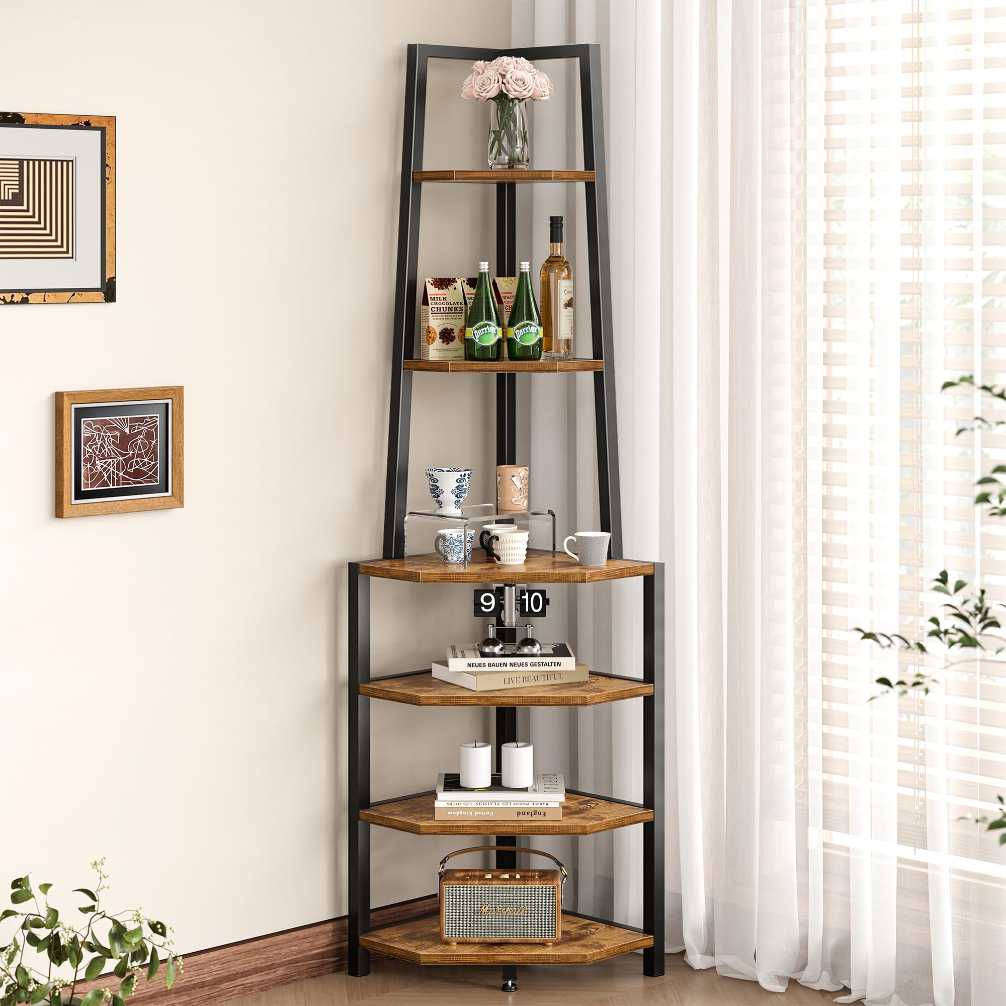 VECELO 6 Tier Corner Shelf 69 Inch Industrial Bookshelf with Metal Frame, Multipurpose Tall Plant Stand with Opening Display Shelves for Living Room, Bedroom, Home Office, Small Space, Black