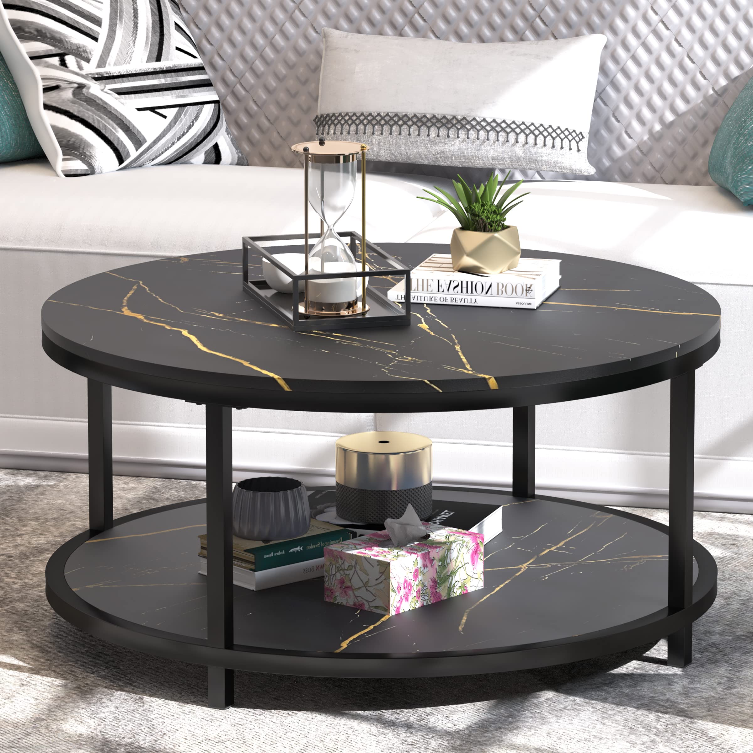 WiberWi Round Coffee Table 35.8" Rustic Vintage Industrial Design Furniture Sturdy Metal Frame Legs Sofa Table Cocktail Table with Storage Open Shelf for Living Room, Easy Assembly, Dark Brown