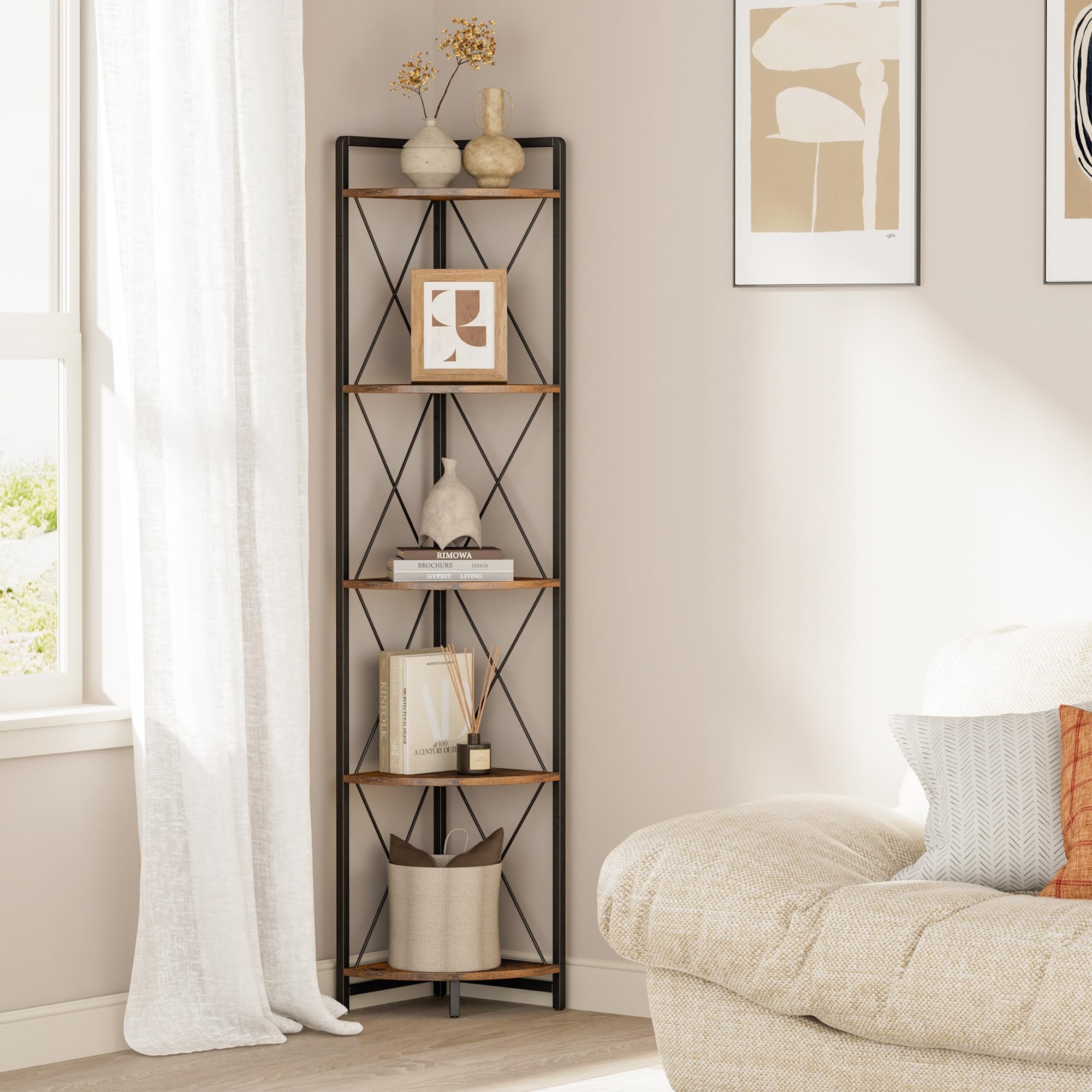 6 Tier Corner Shelf Stand, 78" H Tall Industrial Corner Bookshelf for Living Room Decor, Metal Corner Shelf, Plant Stand Display Shelf for Bedroom, Bathroom, Small Space, Rustic Brown