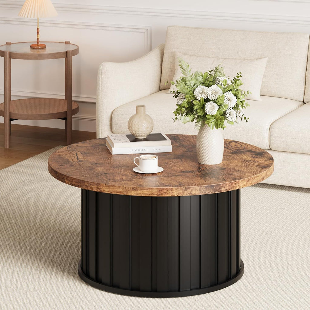 GAOMON 31.9" Round Coffee Table Mid-Century Modern with Fluted Texture & Sturdy Metal Base, Vintage Grey Accent Table for Living Room, Apartment & Small Space, Brown+Black