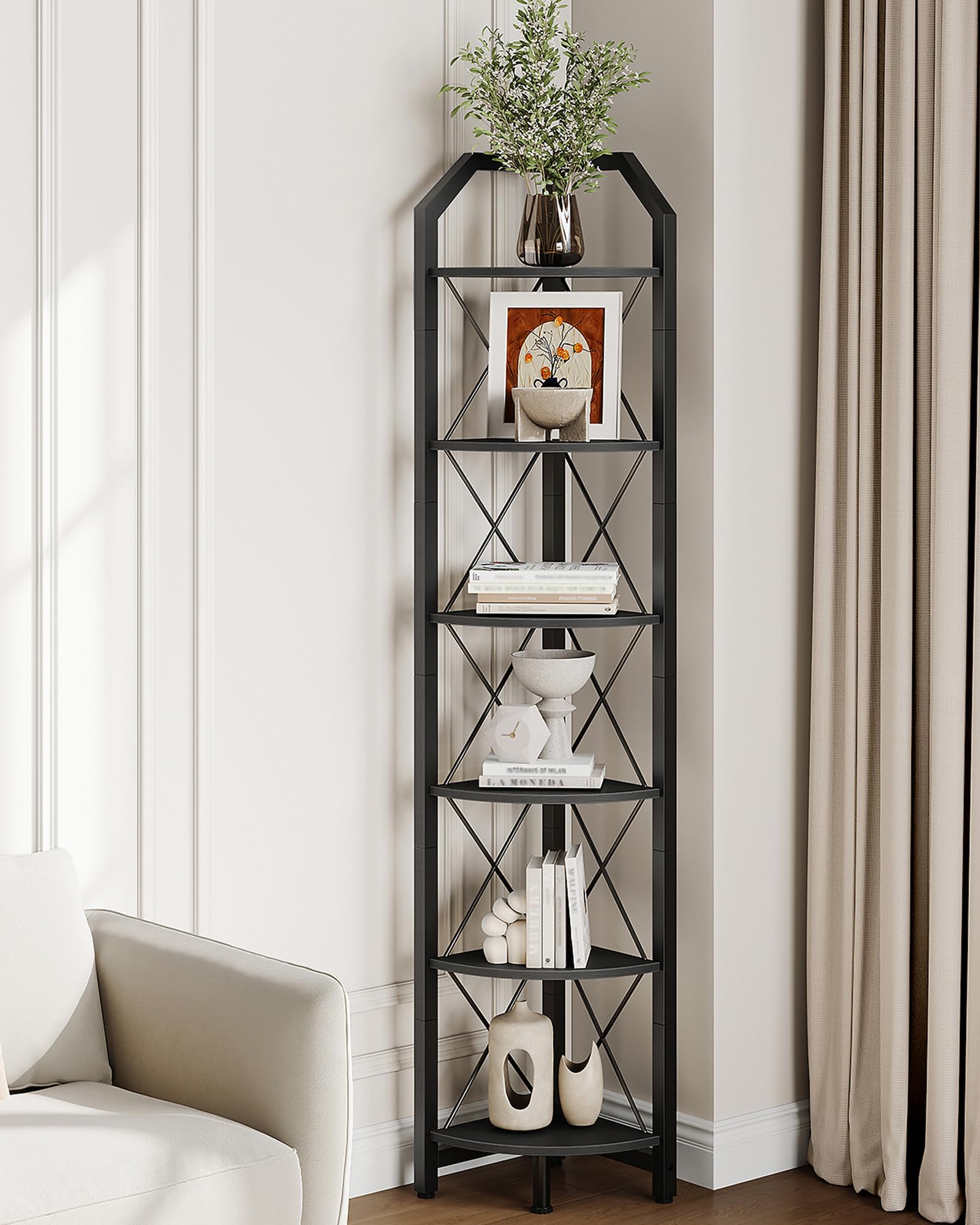 CHOEZON 59.4" Corner Shelf, 5-Tier Industrial Corner Bookshelf, Corner Storage Stand, Plant Stand Display Shelf, Bookcase for Bedroom, Living Room, Home Office, Rustic Brown and Black TCJ10BF