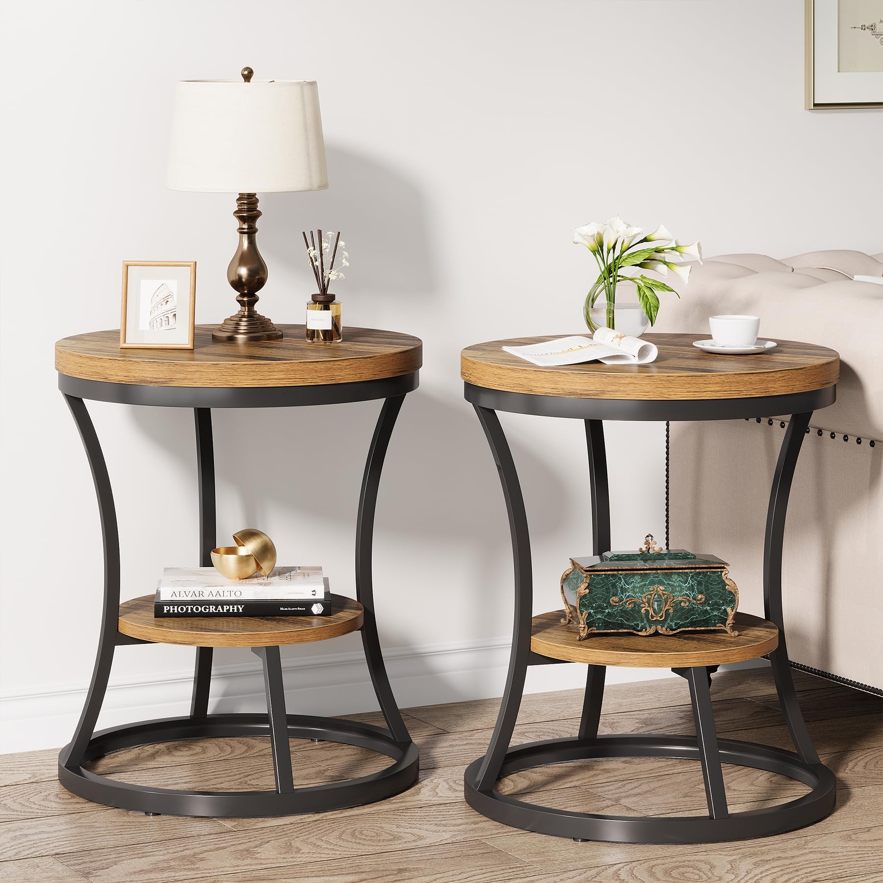 Round End Table, 2 Tier Industrial Side Table, Accent Bedside Table Nightstand with Metal Frame for Living Room, Bedroom, Small Spaces, Easy Assembly, Rustic Brown & Black