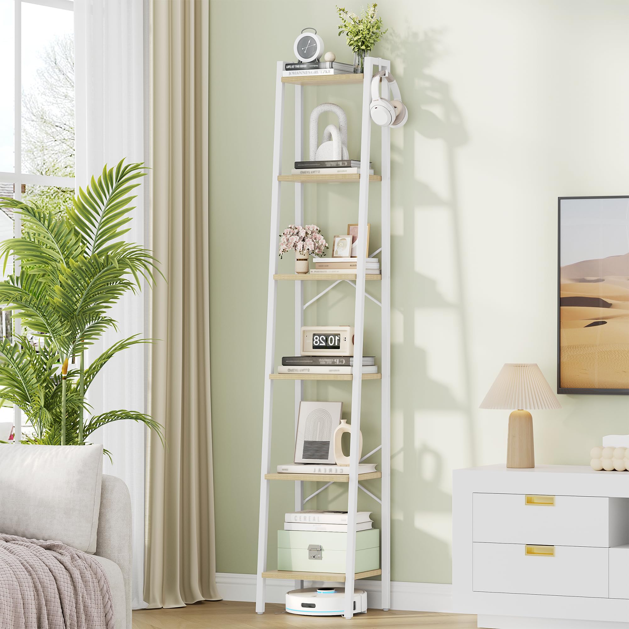 Hzuaneri Ladder Shelf, Bookshelf Bookcase, Freestanding Corner Storage Shelve with 2 Hooks for Home Office, Living Room, Kitchen, Bedroom, Industrial, 11.8" D x 13.4" W x 72.8" H,White Gold BC13313G