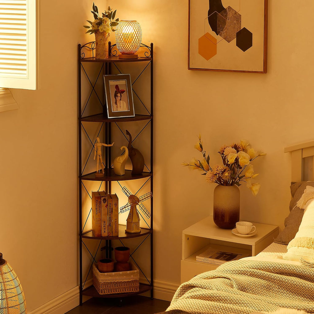 VECELO 5 Tier Corner Shelf Stand, 55.2" Tall Corner Bookshelf, Rustic Brown Storage Standing Shelf for Living Room, Plant Stand &Corner Bookcase for WallCorner, Living Room, Kitchen, Bedroom, Office