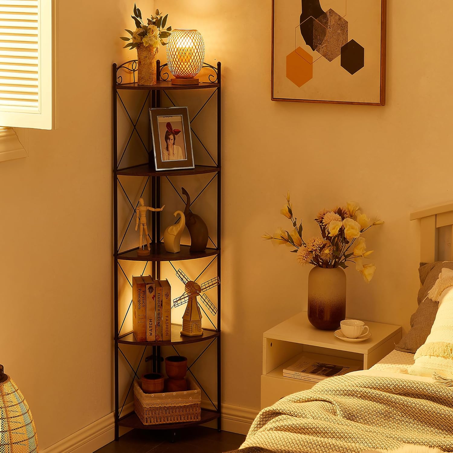 VECELO 5 Tier Corner Shelf Stand, 55.2" Tall Corner Bookshelf, Rustic Brown Storage Standing Shelf for Living Room, Plant Stand &Corner Bookcase for WallCorner, Living Room, Kitchen, Bedroom, Office