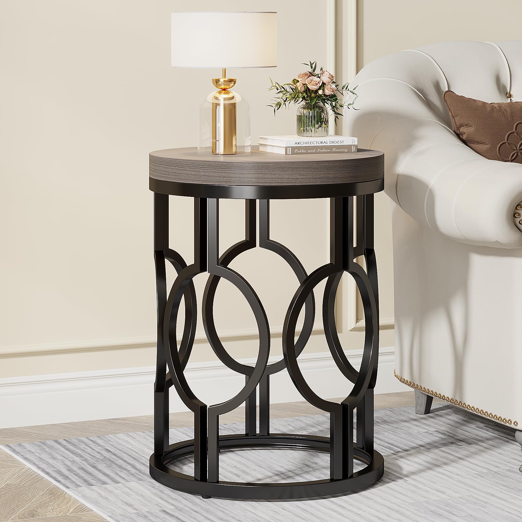 Tribesigns Round End Table, Industrial SideTable with Metal Hollow Frame, Small Bedside Table Nightstand for Living Room, Bedroom, Easy Assembly (Rustic Brown,1PC)