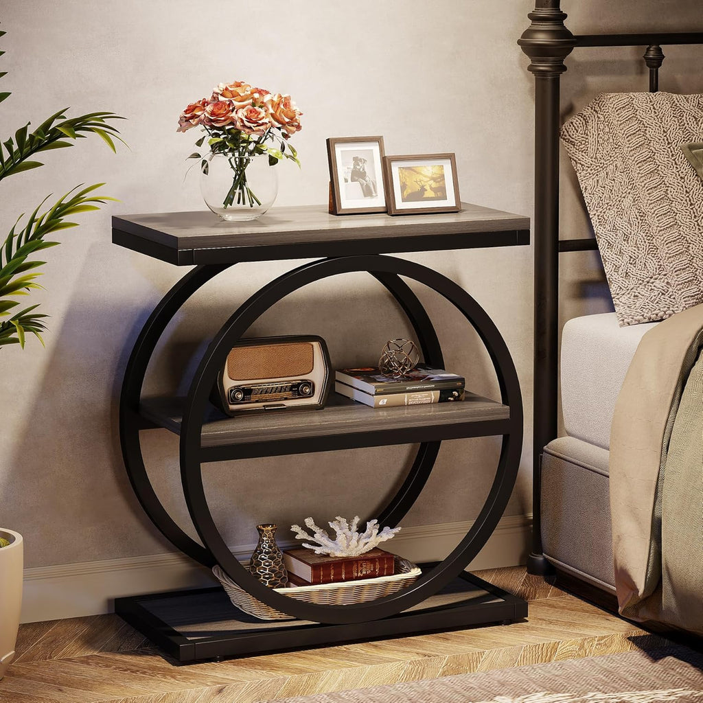 Tribesigns End Table, Narrow End Table with 3 Storage Shelves, Wood Side Table with Black Metal Frames, Industrial Small Sofa Side Table for Living Room, Grey Nightstand and Bedside Table for Bedroom