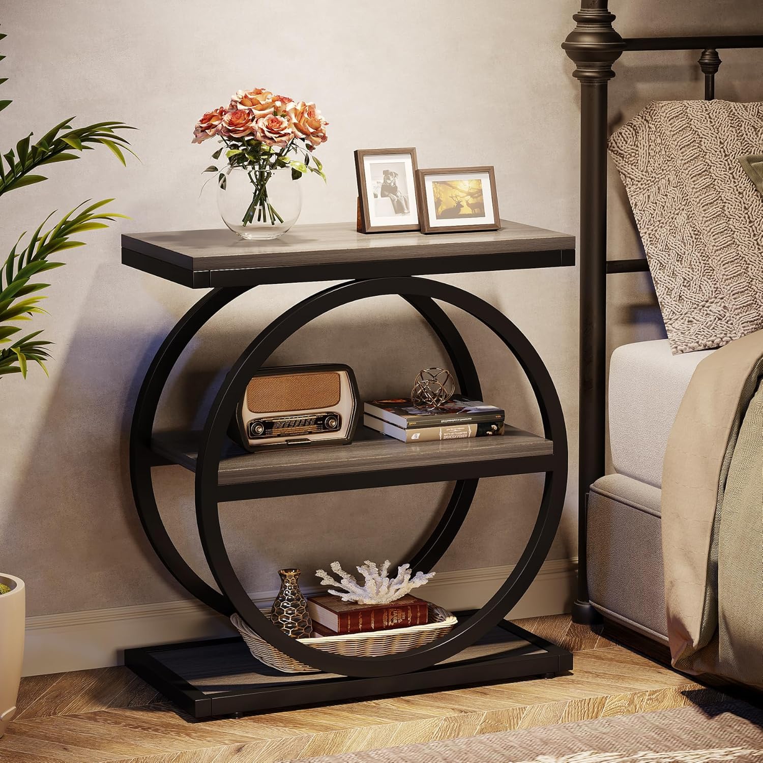 Tribesigns End Table, Narrow End Table with 3 Storage Shelves, Wood Side Table with Black Metal Frames, Industrial Small Sofa Side Table for Living Room, Grey Nightstand and Bedside Table for Bedroom
