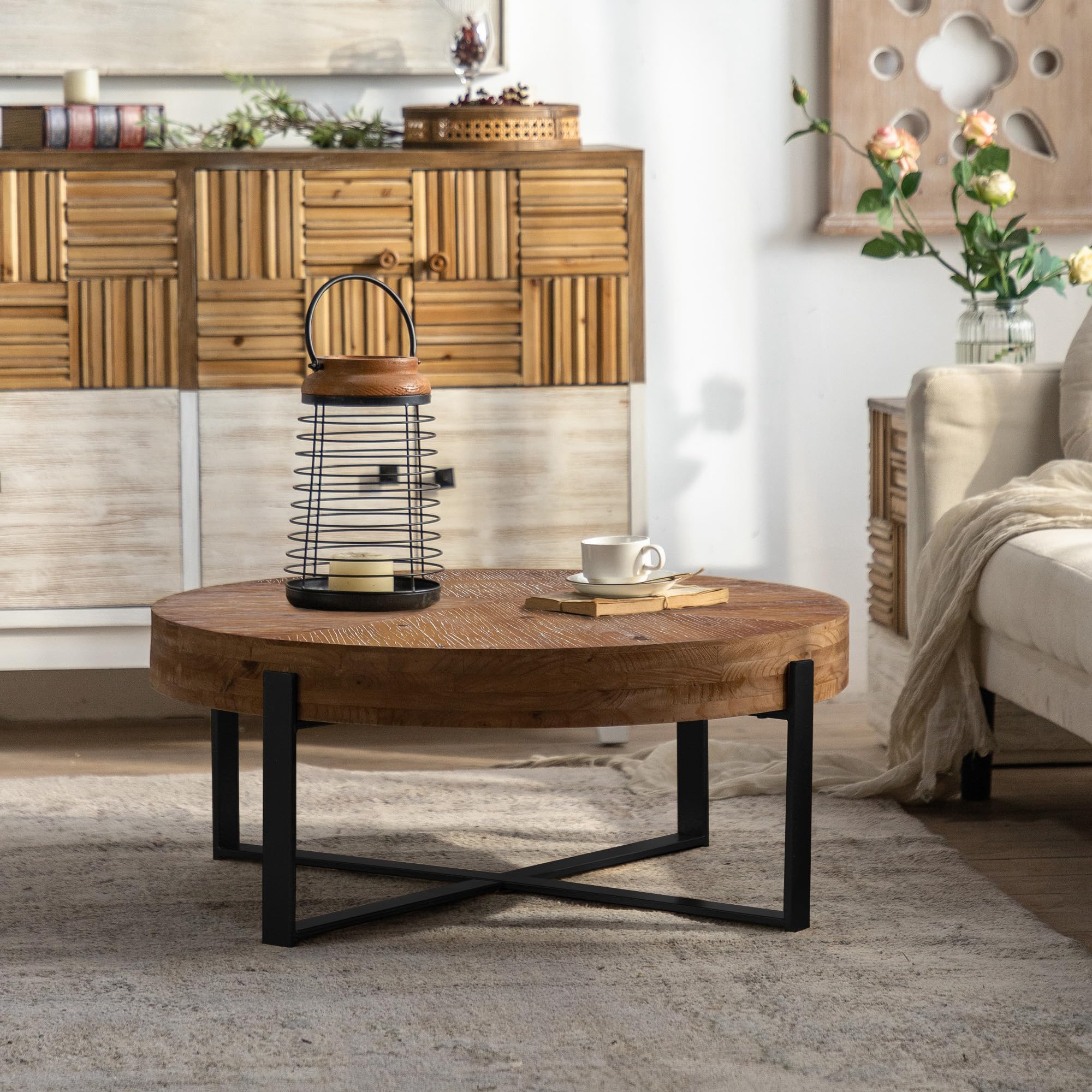31.29" Splicing Round Coffee Table, Wood Top & Black Legs
