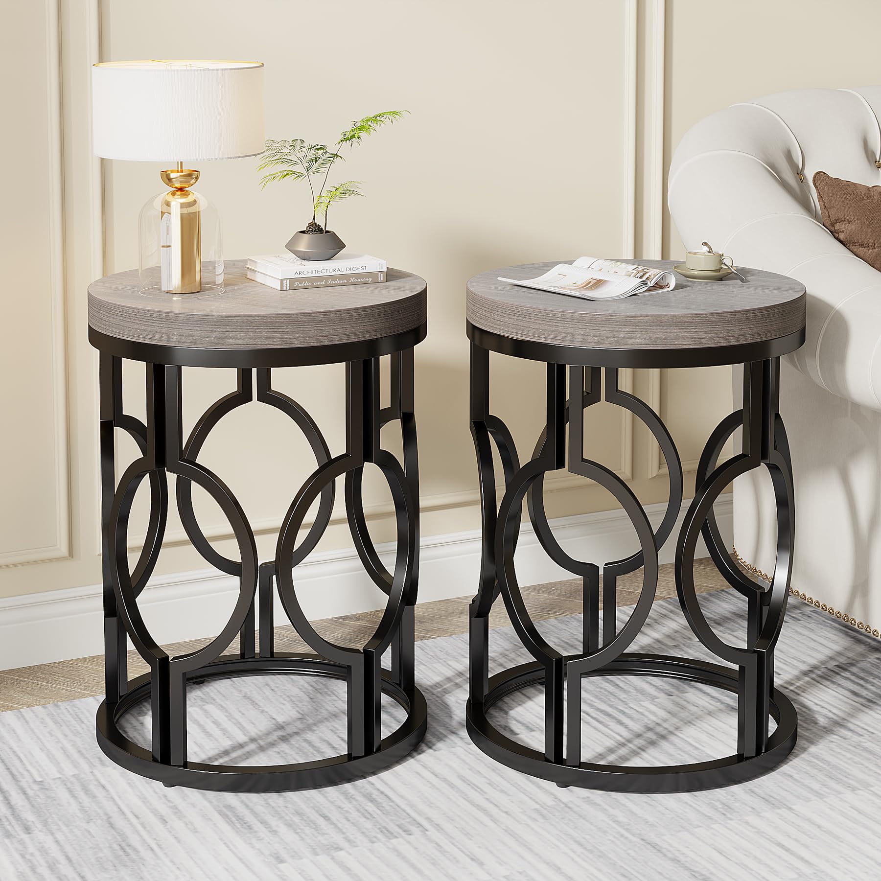 Tribesigns Round End Table, Industrial SideTable with Metal Hollow Frame, Small Bedside Table Nightstand for Living Room, Bedroom, Easy Assembly (Rustic Brown,1PC)