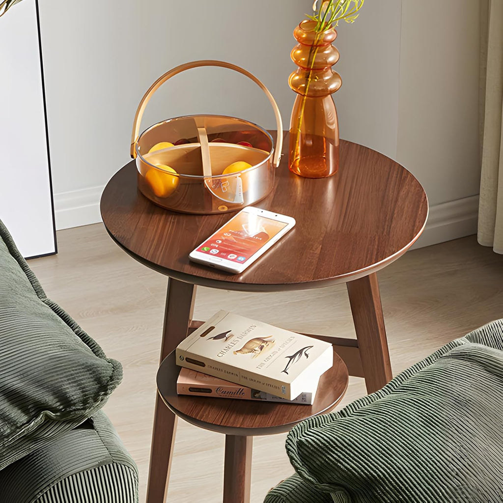 Side Table, Small Round End Table with 2-Tier Shelf, Solid Wood Nightstand for Small Spaces, Mid Century Modern Accent Table for Living Room Bedroom, Walnut
