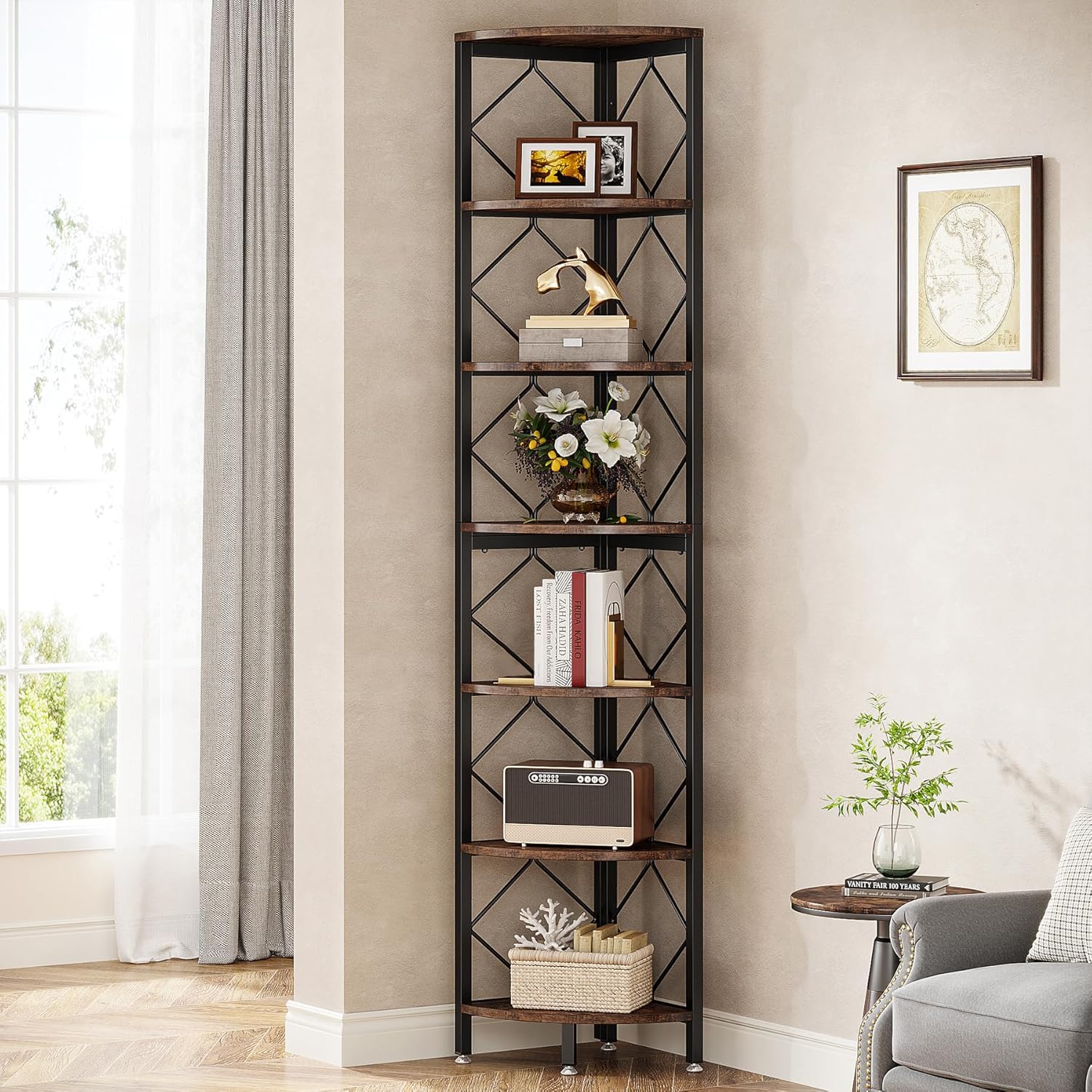 Tribesigns 7-Tier Corner Shelf, 78.7” Extra Tall Corner Bookcase, Industrial Slim Corner Bookshelf for Small Narrow Space, Wood Corner Shelf Stand Storage Rack for Living Room, Home Office