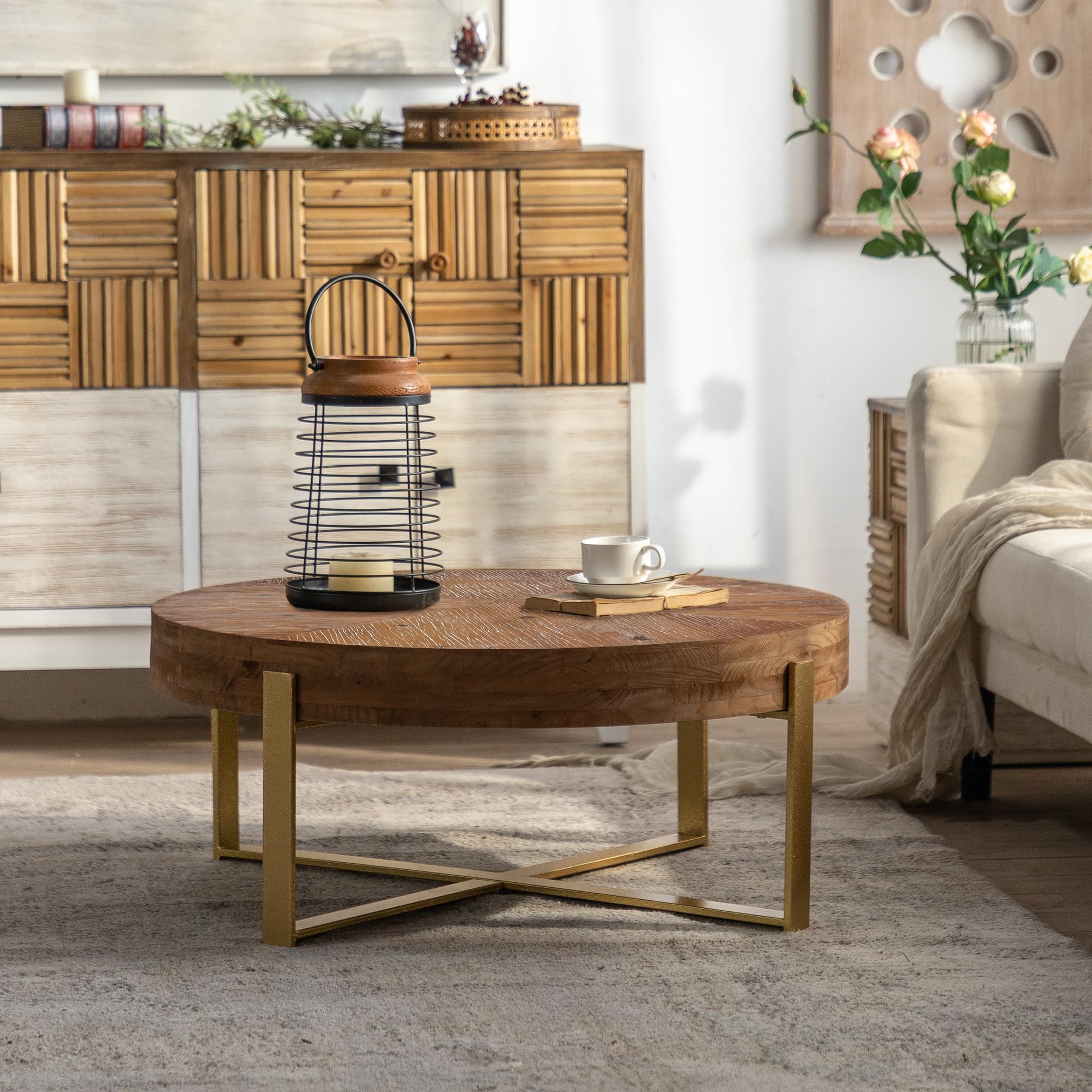 31.29" Splicing Round Coffee Table, Wood Top & Black Legs