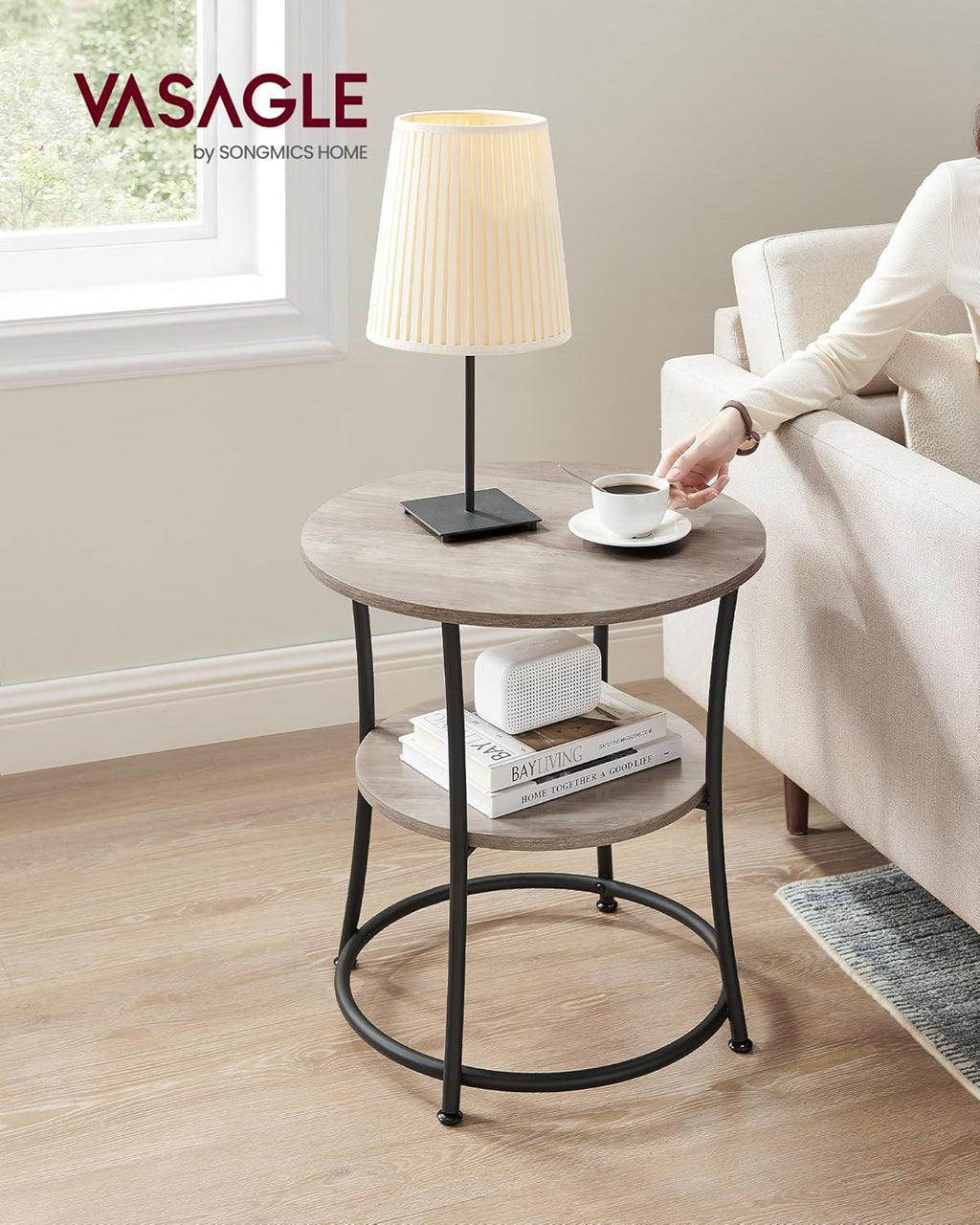 VASAGLE 21.7-Inch Round Side Table, 2-Tier End Table, Nightstand with Steel Frame, Spacious Top, for Small Spaces, Living Room, Bedroom, Heather Greige and Ink Black ULET56BG | 2 Storage Shelves