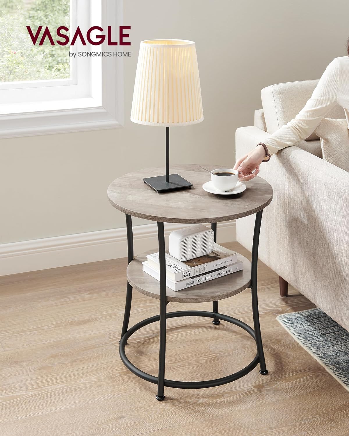VASAGLE 21.7-Inch Round Side Table, 2-Tier End Table, Nightstand with Steel Frame, Spacious Top, for Small Spaces, Living Room, Bedroom, Heather Greige and Ink Black ULET56BG | 2 Storage Shelves