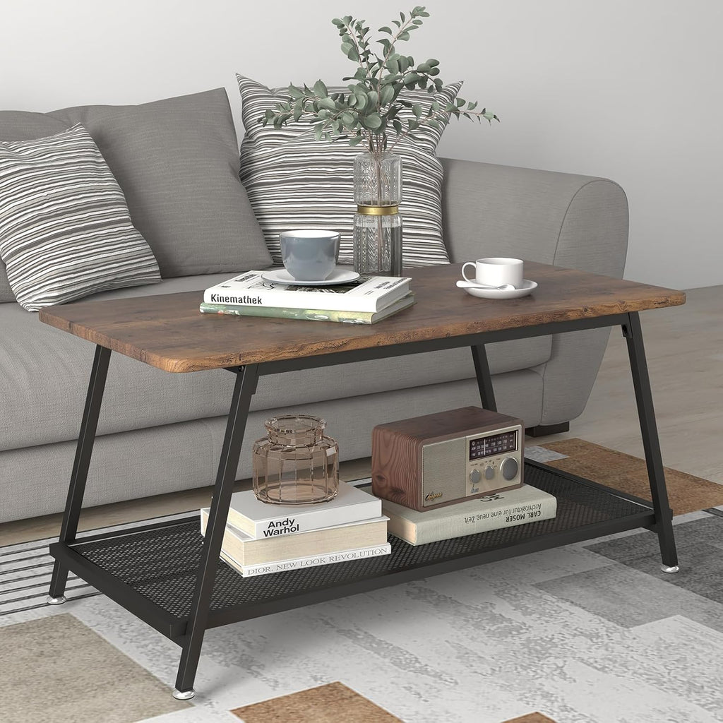 2-Tier Industrial Coffee Table, Wood Top & Metal Frame with Mesh Shelf