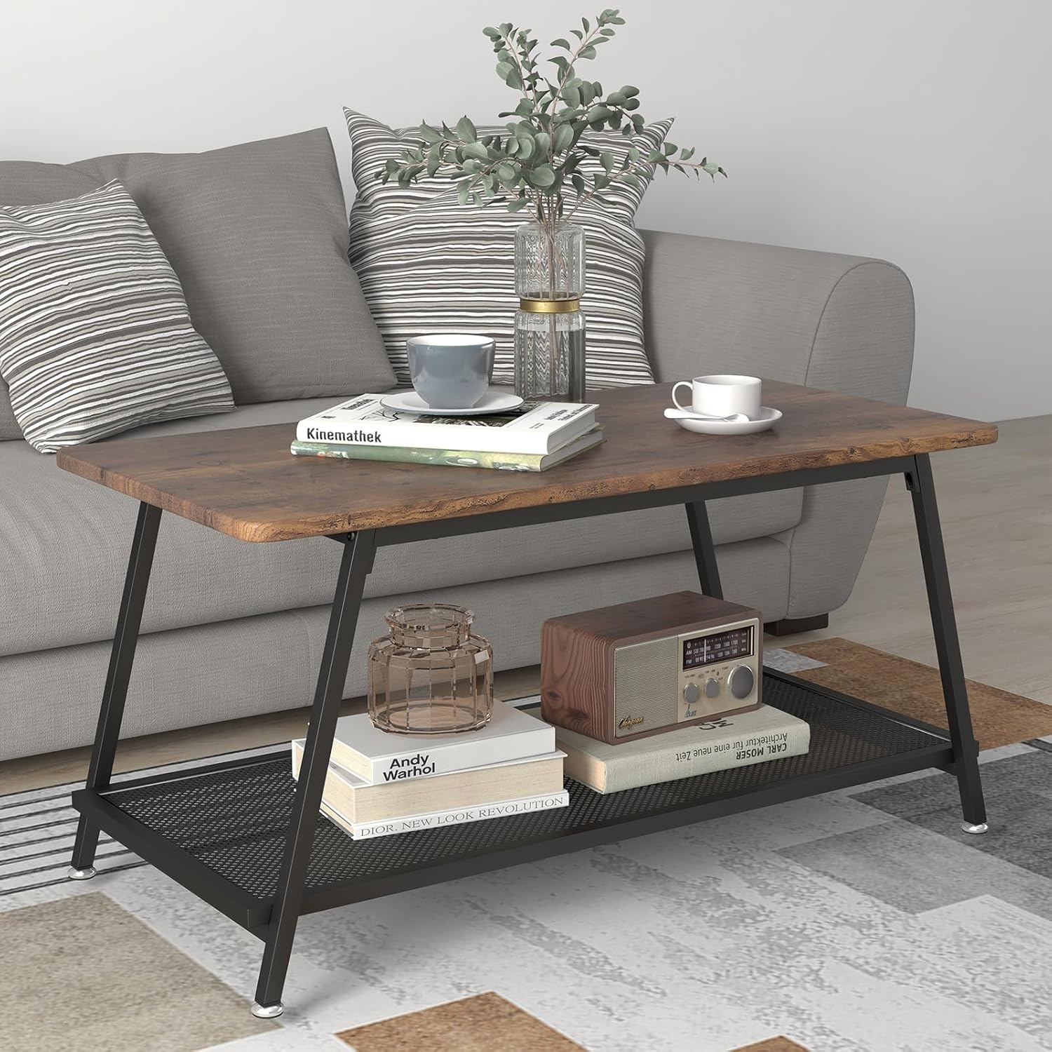 2-Tier Industrial Coffee Table, Wood Top & Metal Frame with Mesh Shelf