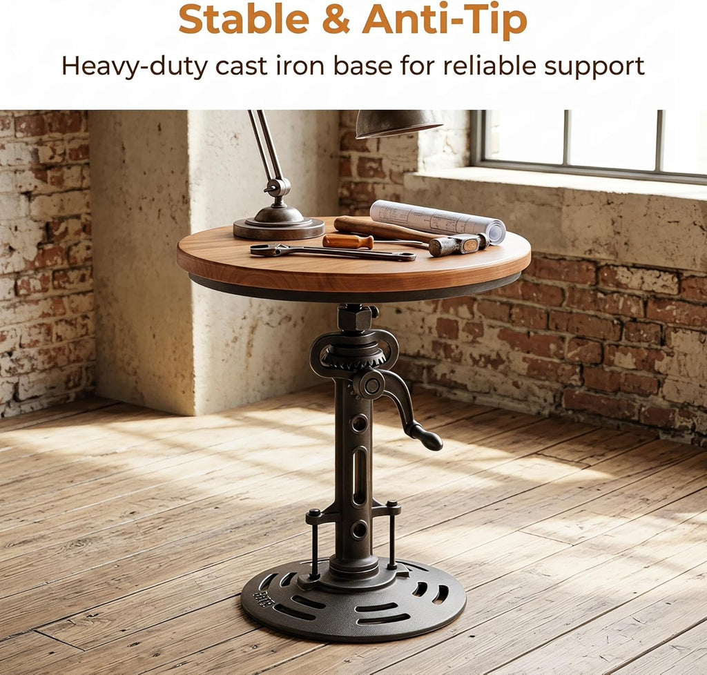Topower Industrial Retro Side Table end Table Antique Mechanic DIY Crank Height Ajustable Cast Iron Base Table Farmhouse Accent End Table Silver