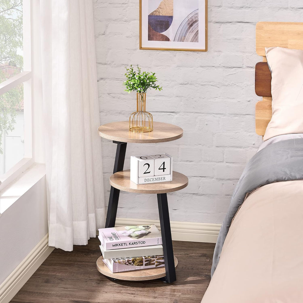 BEWISHOME Round End Table Side Table with Metal Frame, Accent Table Nightstand Bedside Table with 3-Tier Shelves, Small Couch Coffee Table for Living Room Bedroom Greige KTZ41G