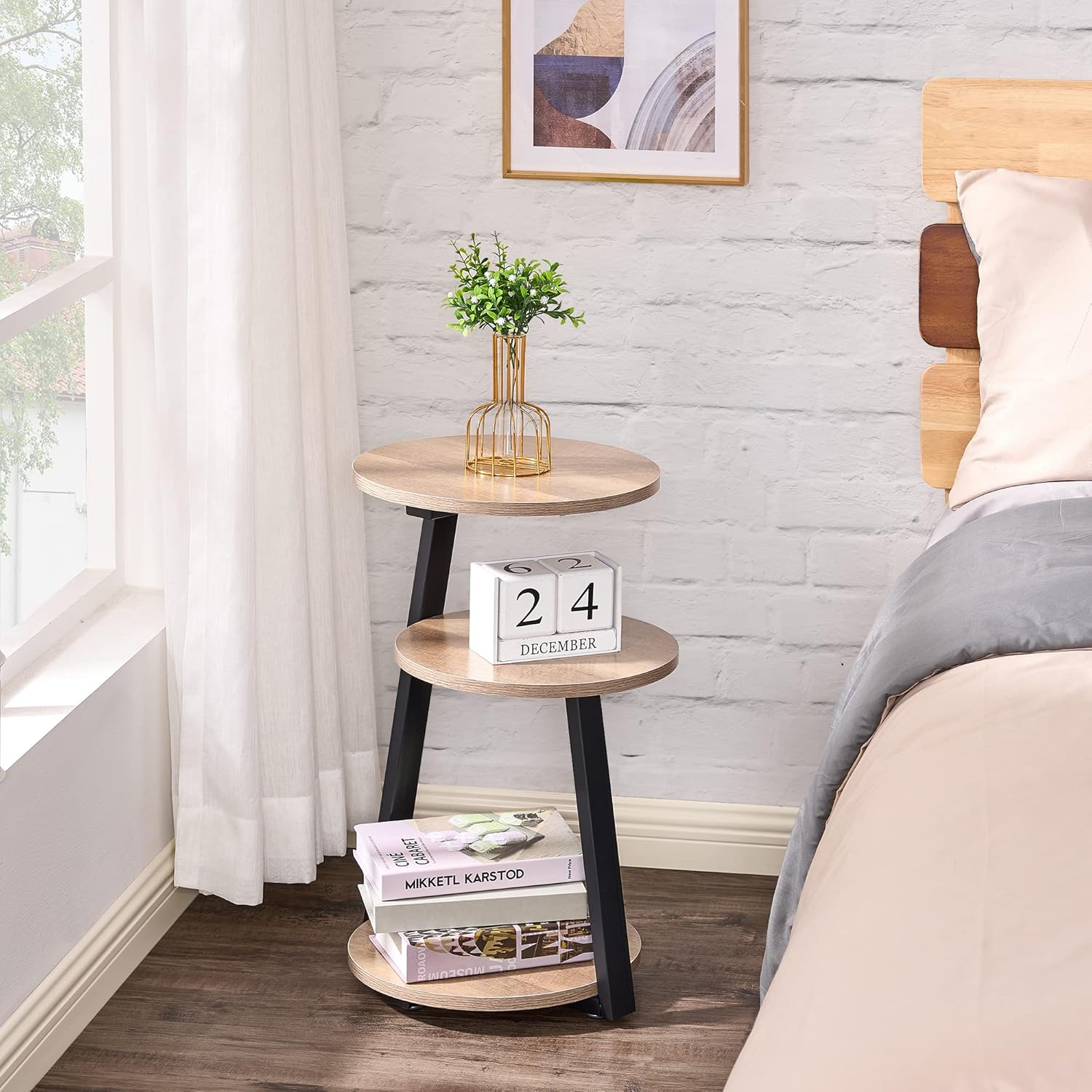 BEWISHOME Round End Table Side Table with Metal Frame, Accent Table Nightstand Bedside Table with 3-Tier Shelves, Small Couch Coffee Table for Living Room Bedroom Greige KTZ41G