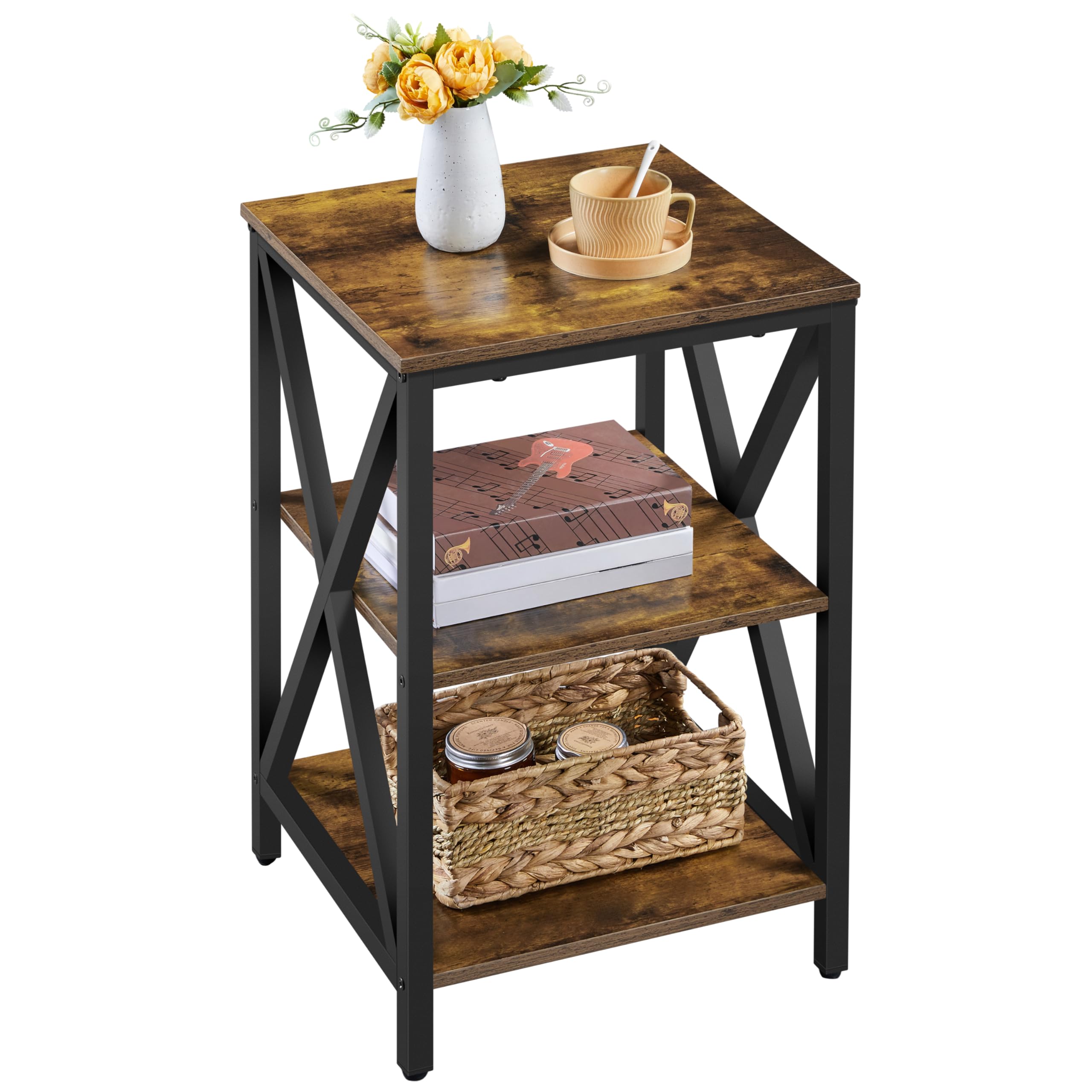 Yaheetech Industrial End Tables Set of 2, 3-Tier Side Tables with Storage Shelves for Living Room, X Design, Strong Metal Frame, Easy Assembly, 16x16x24.5 in, Rustic Brown