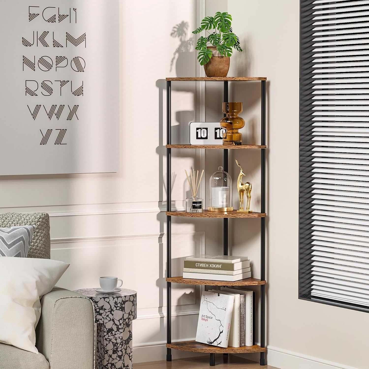 Corner Plant Stand Shelf, 5 Tier Tall Shelf Plant Stand for Indoor Plants, Rustic Brown Corner Bookshelf Wall Decor Living Room, 44.1" Display Shelf for Bedroom, Bathroom, Small Space