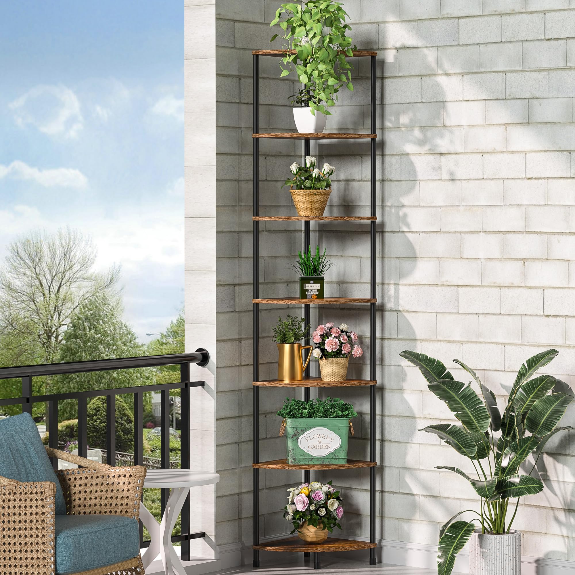 Corner Plant Stand Shelf, 5 Tier Tall Shelf Plant Stand for Indoor Plants, Rustic Brown Corner Bookshelf Wall Decor Living Room, 44.1" Display Shelf for Bedroom, Bathroom, Small Space