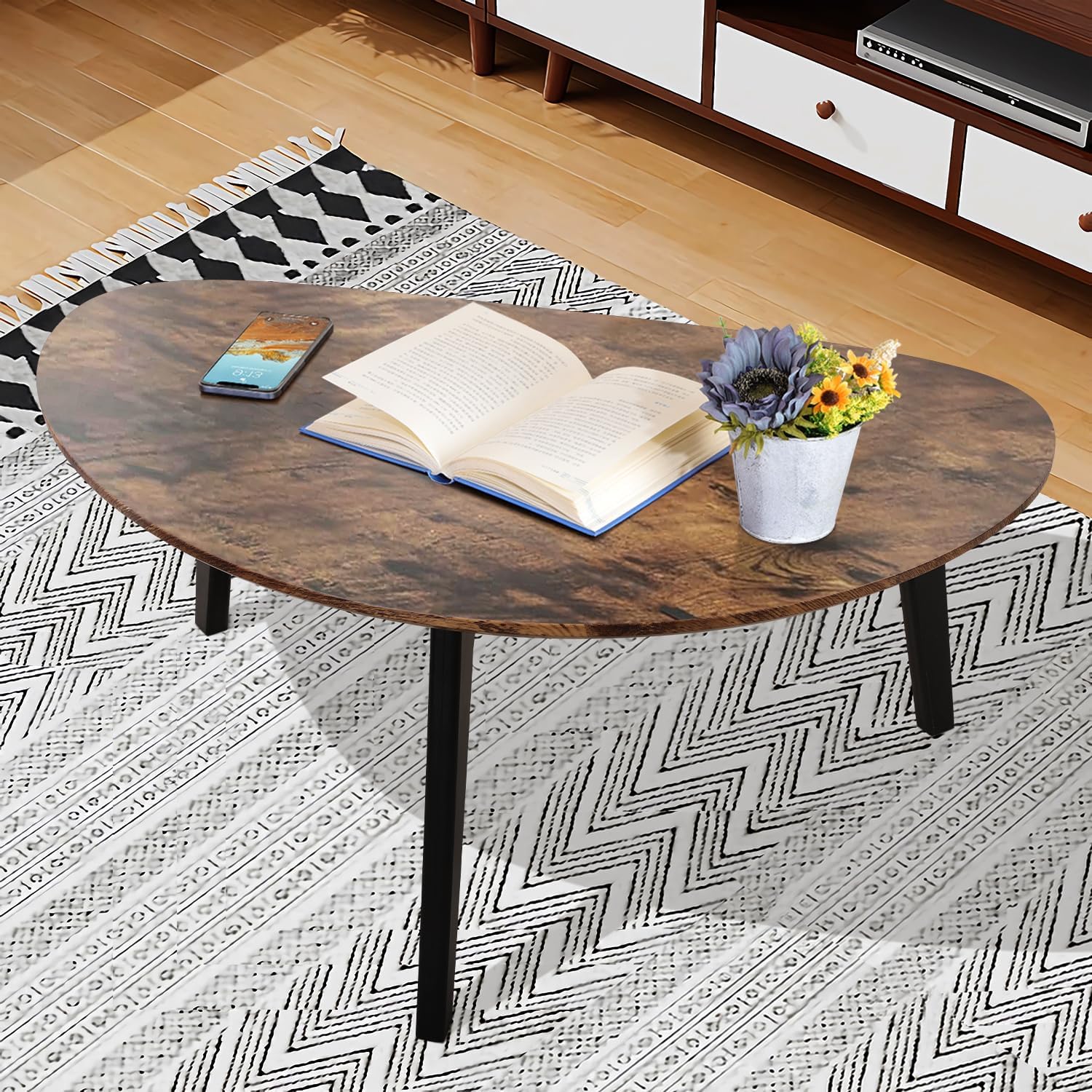 Large Oval Coffee Table Espresso Wood Mid Century Modern Unique Retro Farmhouse - Contemporary Triangle Small Table for Living Room, Bedroom Bedside Table and Office 19" D x 34" W x 16" H