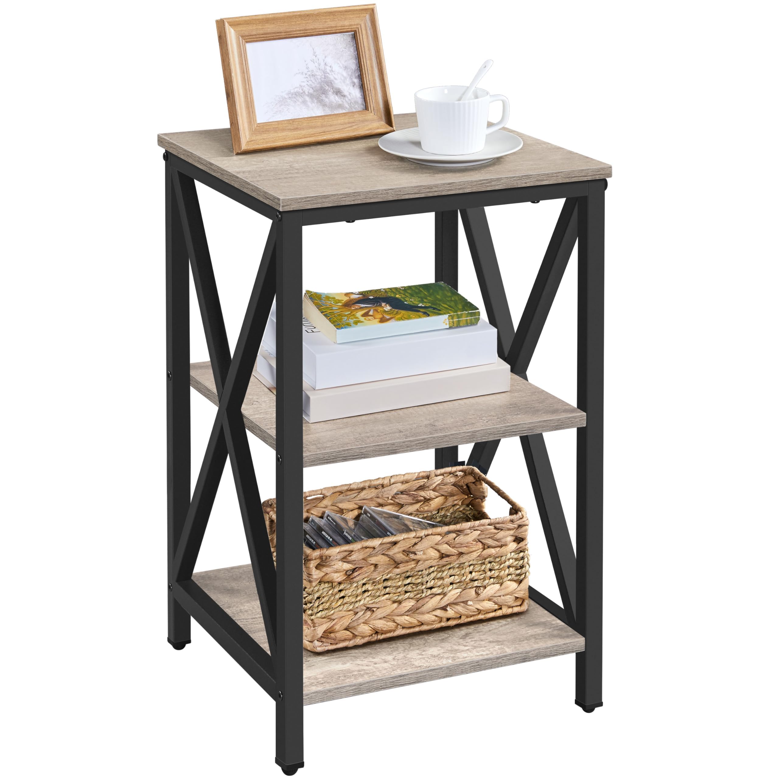 Yaheetech Industrial End Tables Set of 2, 3-Tier Side Tables with Storage Shelves for Living Room, X Design, Strong Metal Frame, Easy Assembly, 16x16x24.5 in, Rustic Brown