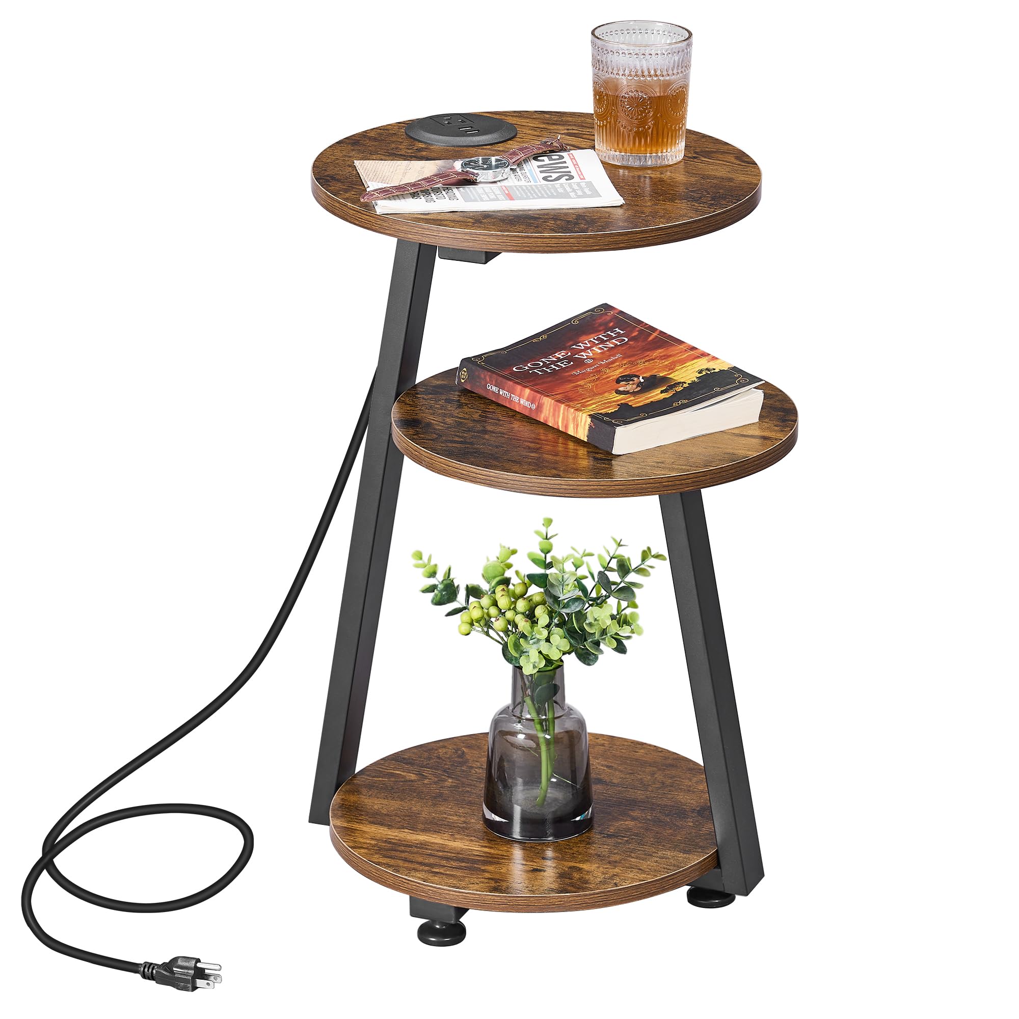 BEWISHOME Round End Table Side Table with Metal Frame, Accent Table Nightstand Bedside Table with 3-Tier Shelves, Small Couch Coffee Table for Living Room Bedroom Greige KTZ41G