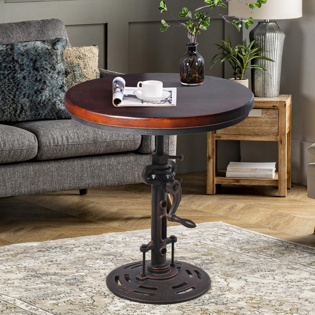 Topower Industrial Retro Side Table end Table Antique Mechanic DIY Crank Height Ajustable Cast Iron Base Table Farmhouse Accent End Table Silver