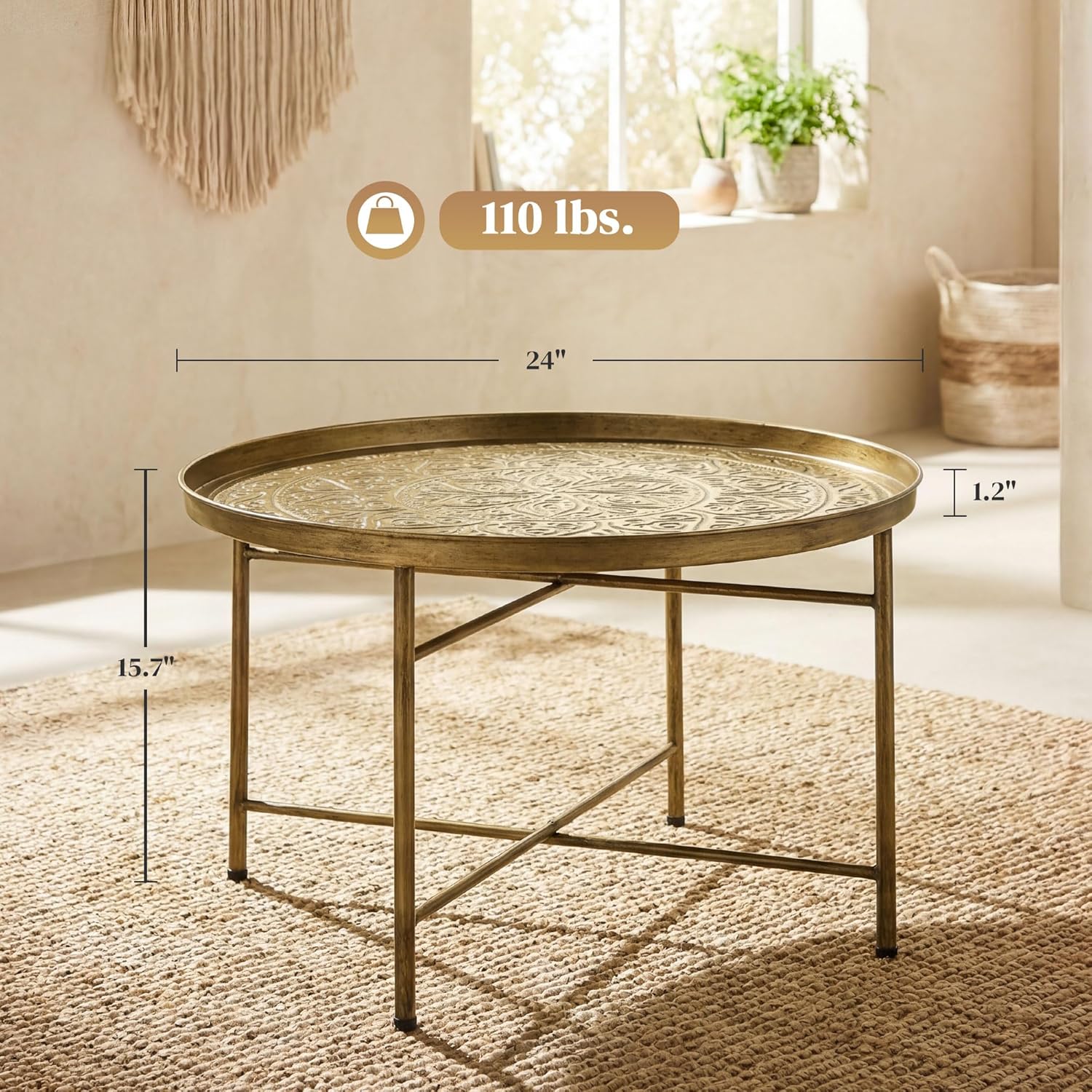 HOMCOM 24" Round Coffee Table with Hammered Tray Top, Vintage Metal Center Table for Living Room, Bedroom, Side Table, Gold