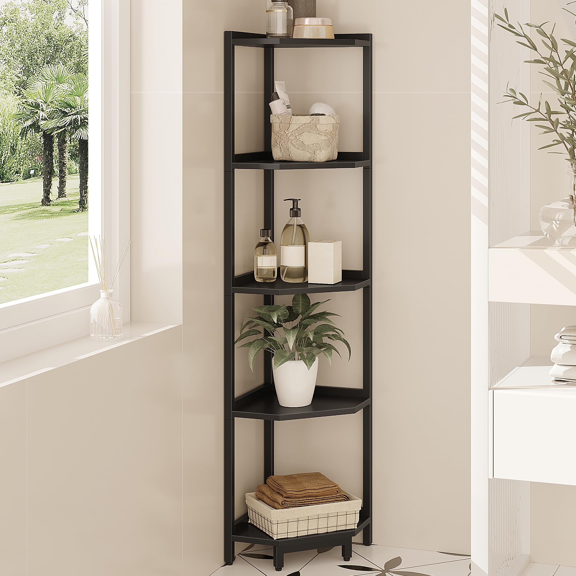 Hzuaneri Corner Shelf Stand, Corner Bookshelf, Storage Standing Shelf Unit with Metal Frame, Plant Stand, Bookcase for Living Room, Home Office, Bedroom, 6-Tier Rustic Brown CS06001B