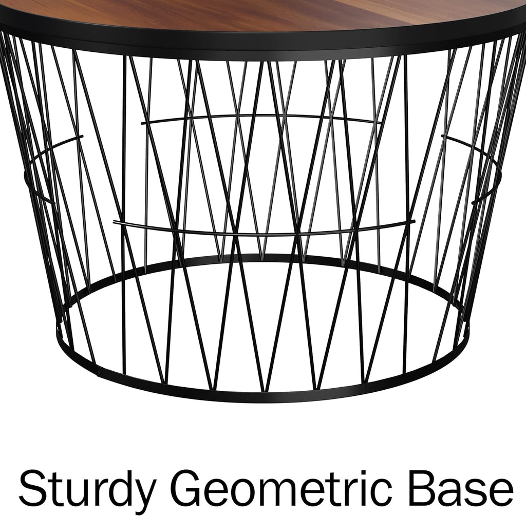 Lavish Home Round Coffee Table with Geometric Metal Base - Small Modern Accent Furniture for Living Room - Mid-Century Coffee Table (Brown/Black)