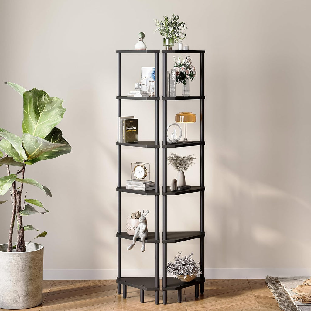 6-Tier Black Corner Shelf, Tall Display Bookshelf & Plant Stand