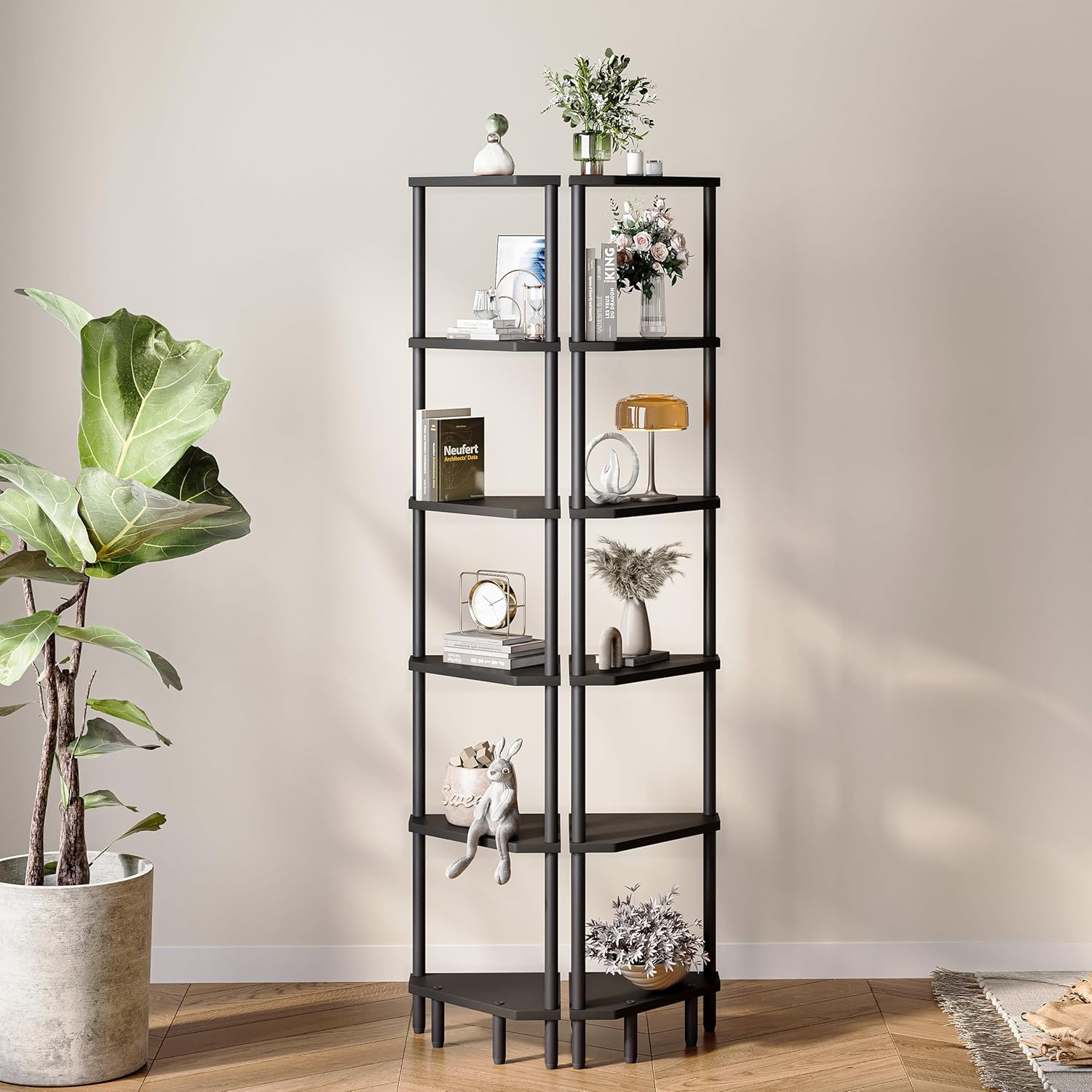 6-Tier Black Corner Shelf, Tall Display Bookshelf & Plant Stand