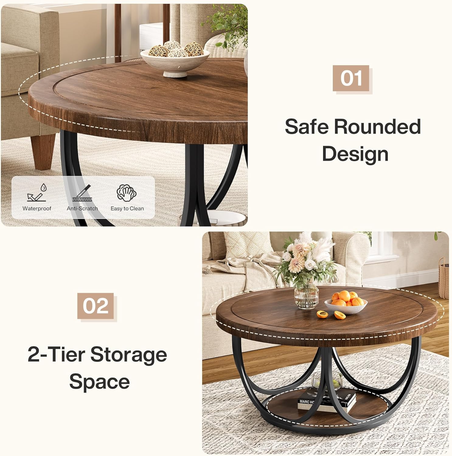 Tribesigns Round Coffee Table with 2 Tiers, 31.5" Wooden Circle Accent Cocktail Table with Storage Shelf and Metal Frame, Industrial Center Tables for Living Room, Brown & Black