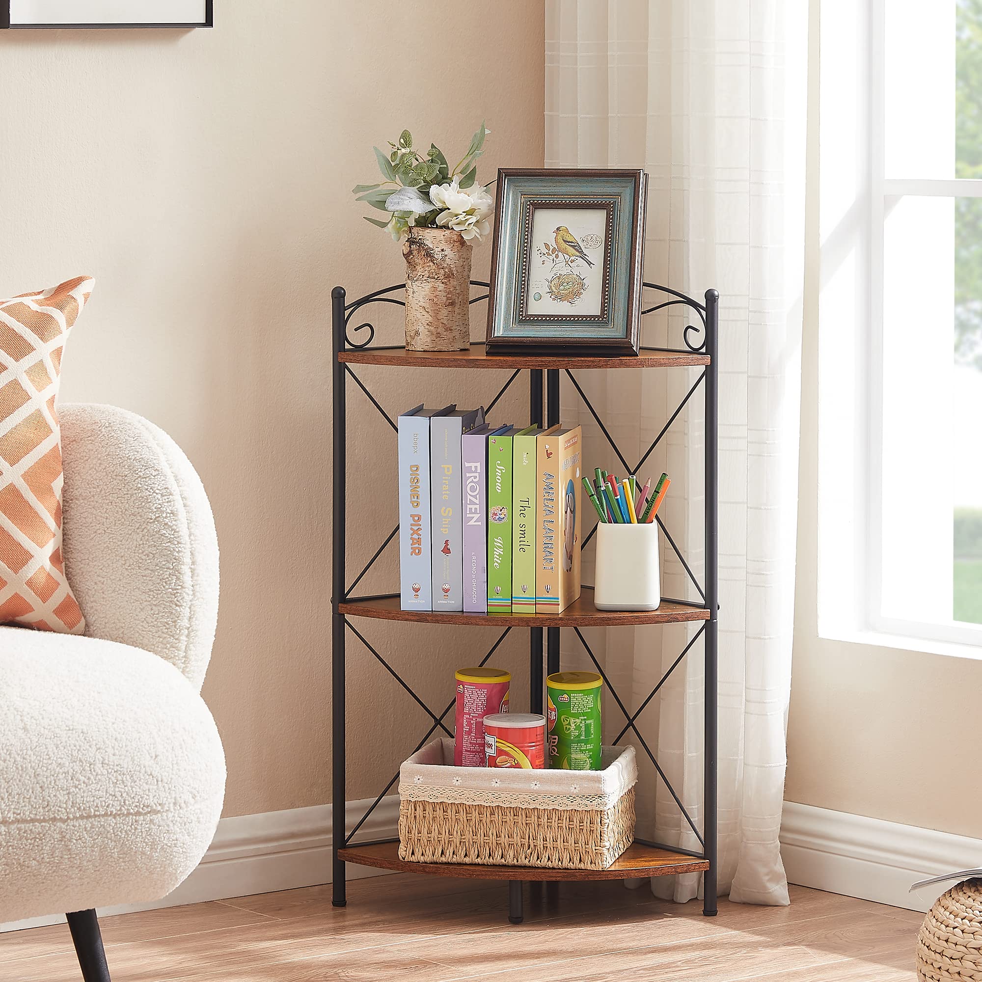 VECELO 5 Tier Corner Shelf Stand, 55.2" Tall Corner Bookshelf, Rustic Brown Storage Standing Shelf for Living Room, Plant Stand &Corner Bookcase for WallCorner, Living Room, Kitchen, Bedroom, Office