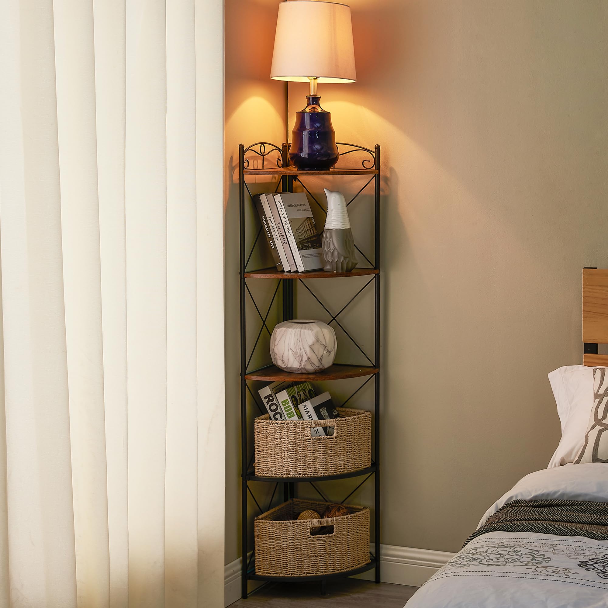 VECELO 5 Tier Corner Shelf Stand, 55.2" Tall Corner Bookshelf, Rustic Brown Storage Standing Shelf for Living Room, Plant Stand &Corner Bookcase for WallCorner, Living Room, Kitchen, Bedroom, Office