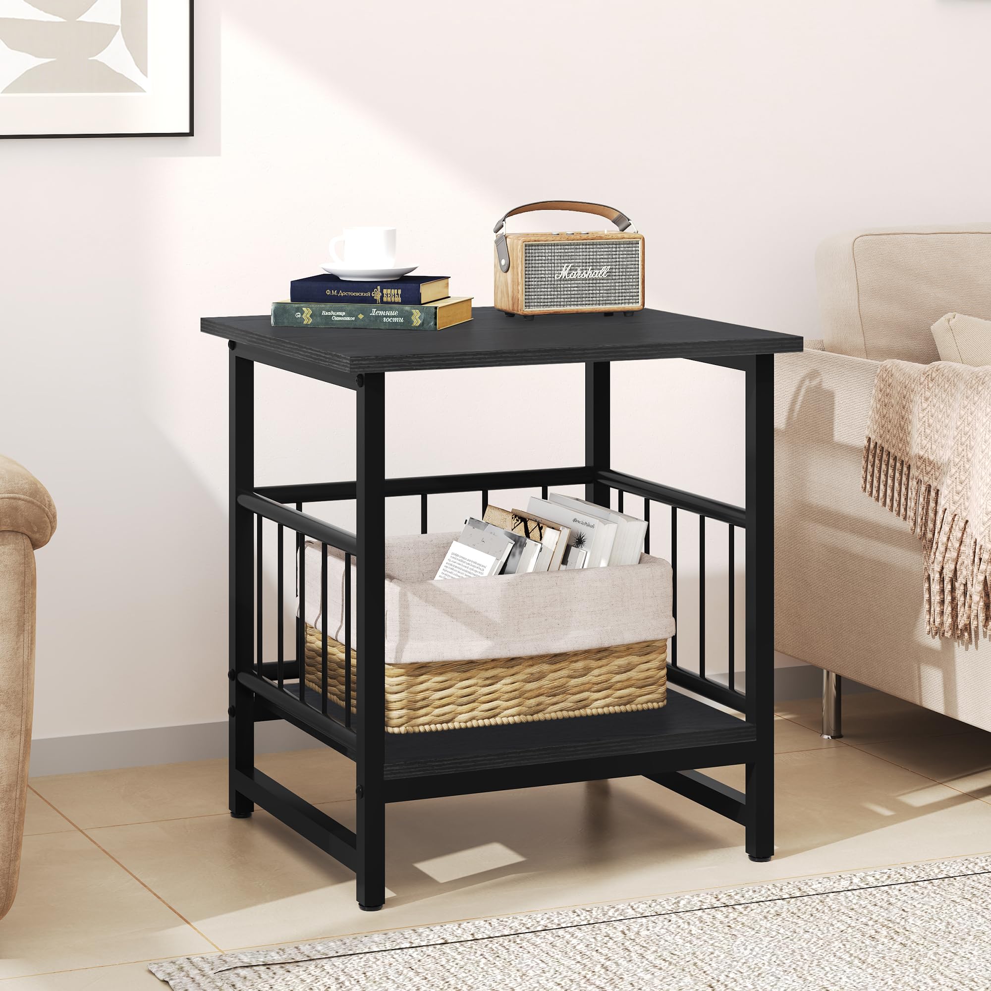 EazeHome End Table 24" for Living Room, Large Square Side Table with 2-Tier Storage, Rustic Brown Tall Industrial Night Stand for Bedroom, Rustic Brown