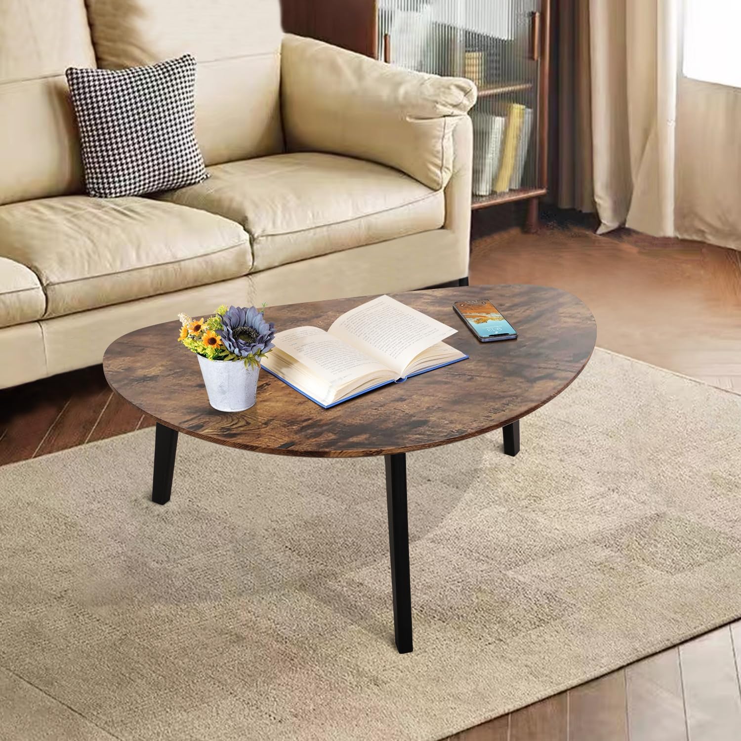 Large Oval Coffee Table Espresso Wood Mid Century Modern Unique Retro Farmhouse - Contemporary Triangle Small Table for Living Room, Bedroom Bedside Table and Office 19" D x 34" W x 16" H